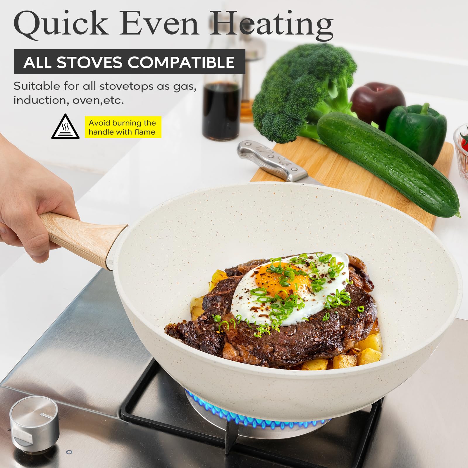 12-Piece Nonstick Cookware Set - White Granite Induction Pots & Pans, PFAS/PFOA/PFOS Free Healthy Kitchen Cooking Set with Frying Pans, Saucepans & Steamer | Perfect for Home Cooking, Meal Prep & Induction Stovetops