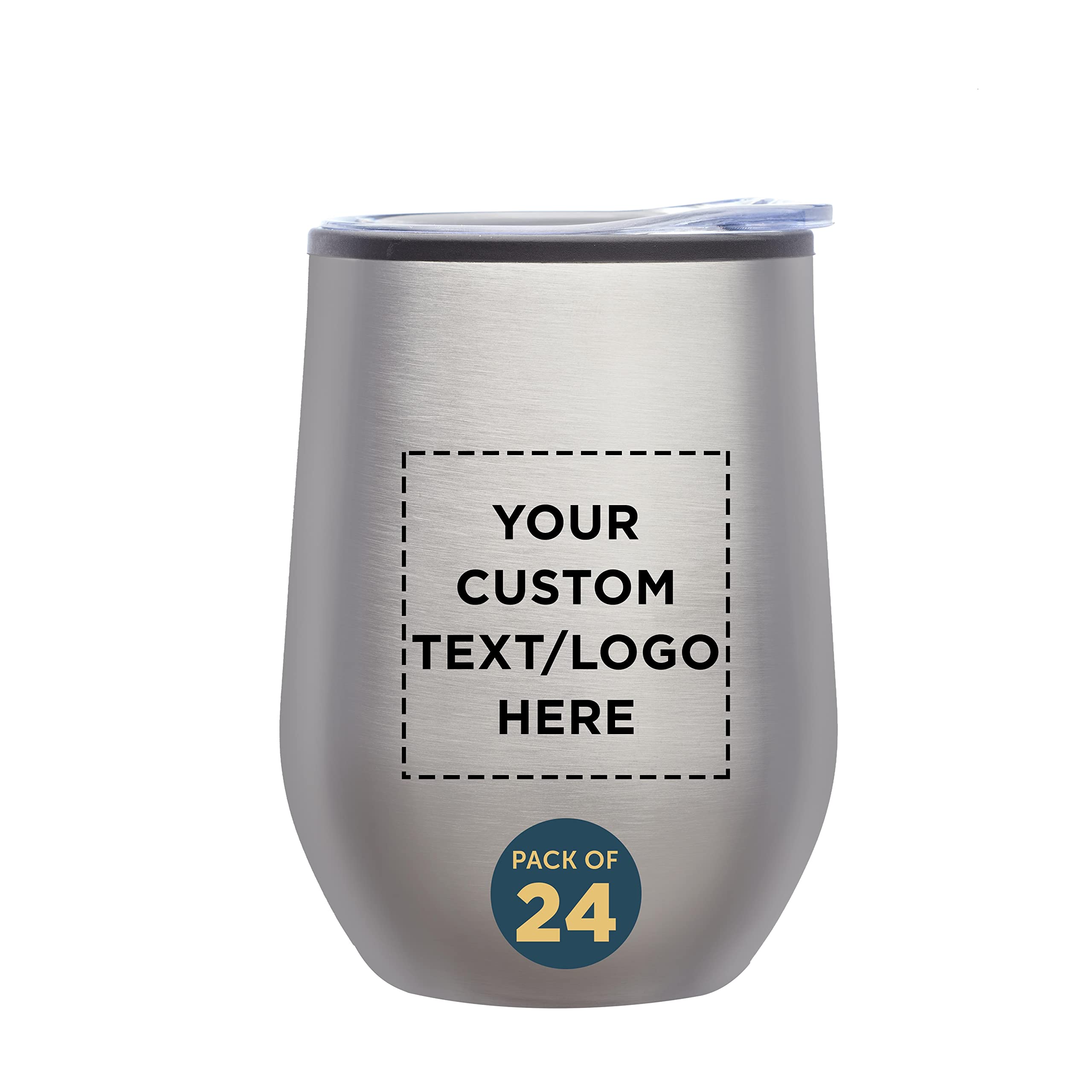 24-Pack Custom Stemless Wine Tumblers 12oz - Insulated Silver Personalized Bulk Wine Glasses for Parties, Weddings & Events - Perfect for Wine, Cocktails, Coffee & Cold Drinks