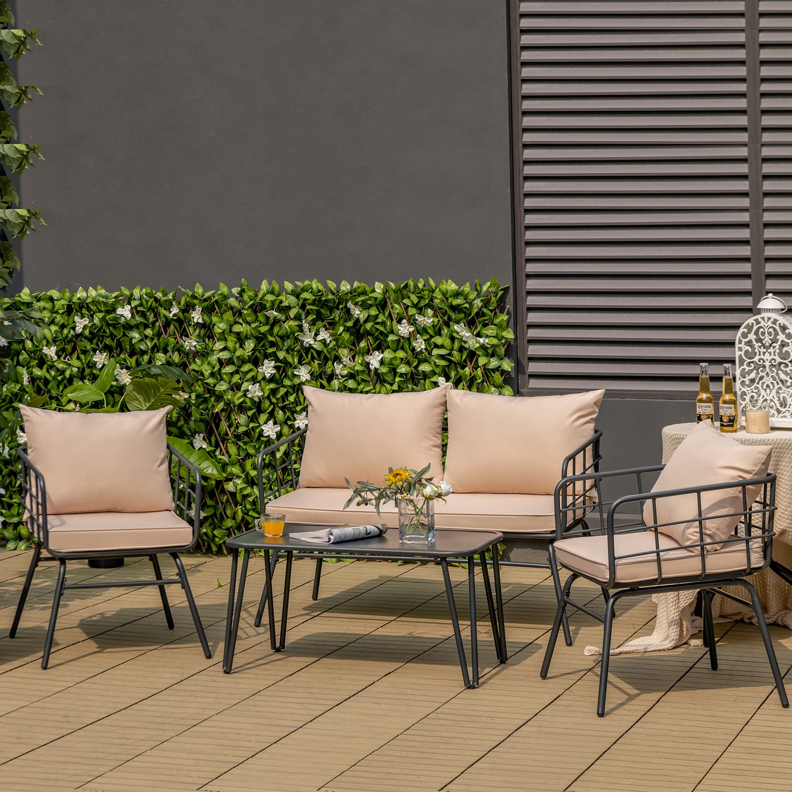 Giantex 4-Piece Outdoor Patio Furniture Set - Steel Frame Loveseat Bench, Coffee Table & 2 Bistro Chairs with Cushions for Garden, Yard, Balcony, Poolside (Beige & Black) | Perfect for Relaxing, Entertaining & Outdoor Dining