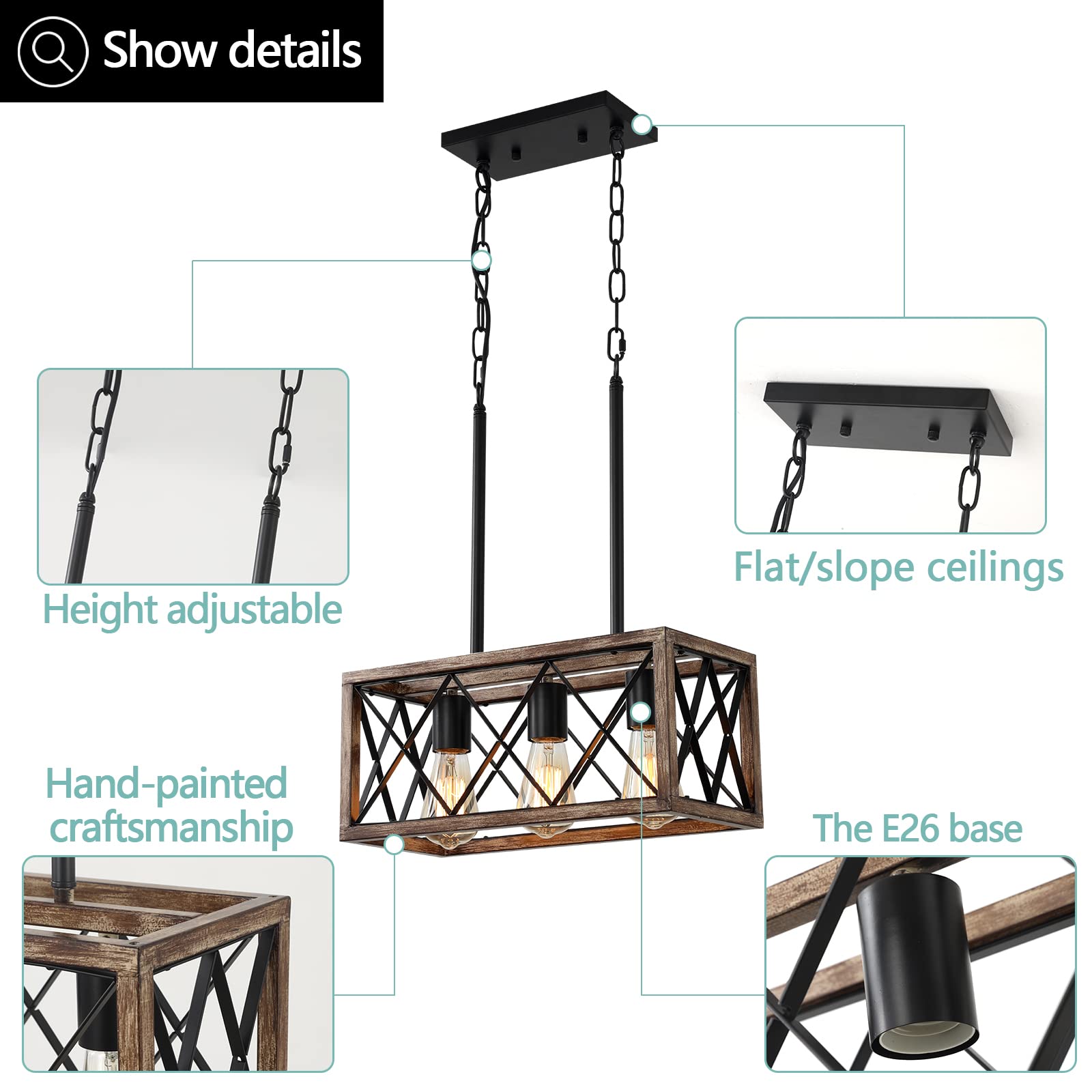 KEESFU Farmhouse Kitchen Island Lighting - 3 Lights Adjustable Height Pendant Fixtures, Industrial Wood Grain Dining Room Light for Living Room, Foyer, Over Sink, and Breakfast Bar