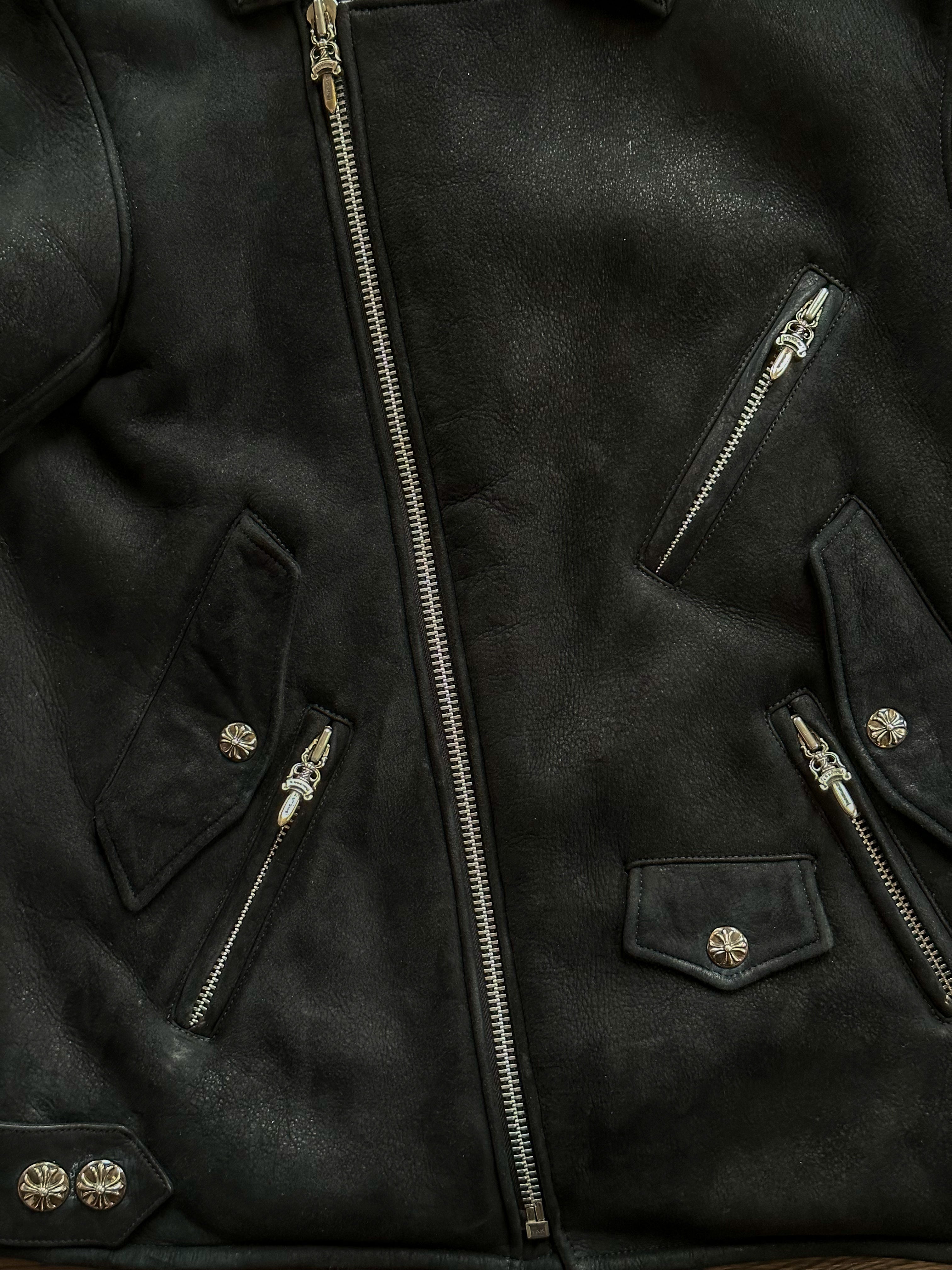Chrome Hearts Black Shearling Biker Jacket for Men | Genuine Leather Motorcycle Jacket | Winter Fashion Outerwear for Riding & Street Style