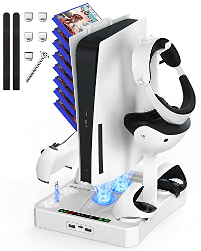 KUNSLUCK 3-in-1 PS5 & PS VR2 Charging Station with Dual Cooling Fans - Fast Charge Controller Dock & Console Cooling Stand - Perfect Gaming Setup for PS5 Accessories Organization & VR2 Storage