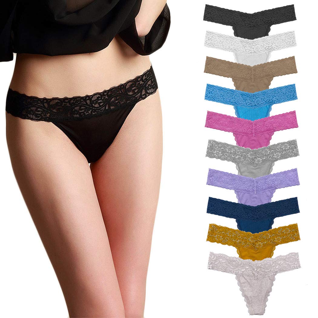 10 Pack Seamless Lace Thongs for Women - Plus Size Breathable Cotton Underwear - Low Rise T-Back No Show Panties - Perfect for Everyday Wear, Yoga & Special Occasions
