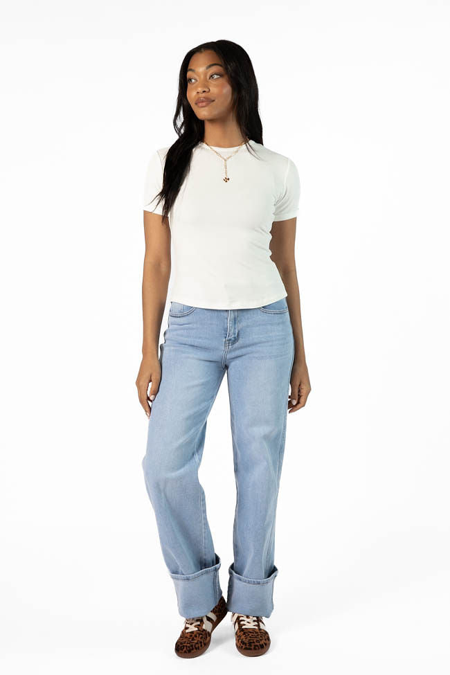 Everyday Essential Ivory Ribbed Crew Neck Tee - Soft Cotton Basic T-Shirt for Women | Casual Wear, Layering & Everyday Comfort