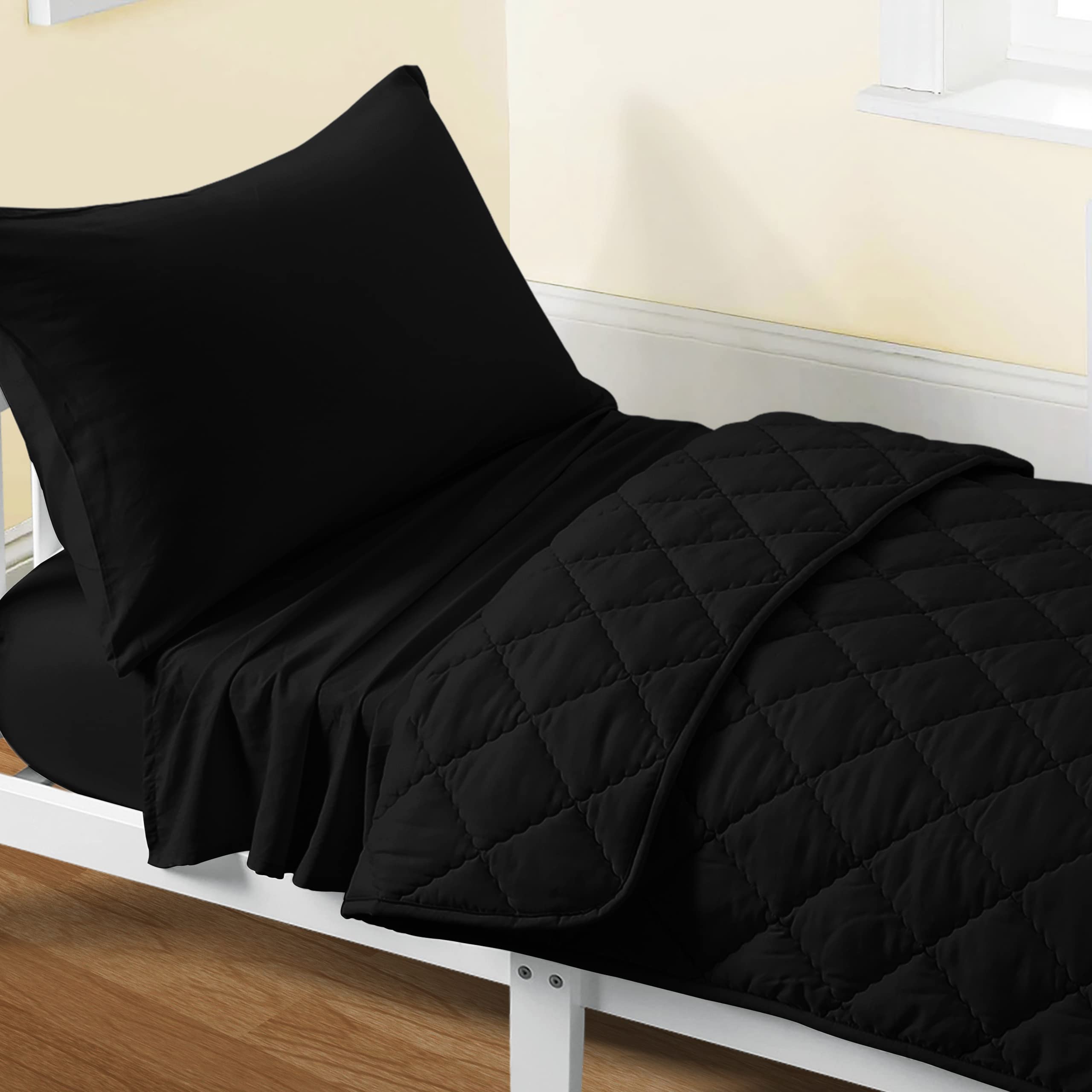 FLXXIE 4-Piece Microfiber Toddler Bedding Set - Ultra Soft & Breathable Crib Sheets with Quilted Comforter, Flat Sheet, Fitted Sheet & Envelope Pillowcase for Boys & Girls (Black) - Perfect for Nursery, Daycare or Travel
