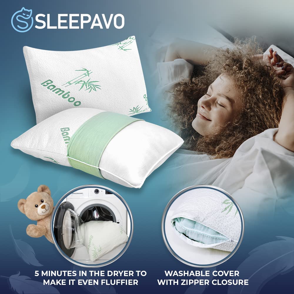 Cooling Memory Foam Pillows Queen Size Set of 4 - Breathable Bamboo Rayon Cover for Back, Stomach & Side Sleepers - Shredded Firm Support Pillow for Neck Pain Relief - Perfect for Hot Sleepers, Home & Hotel Use