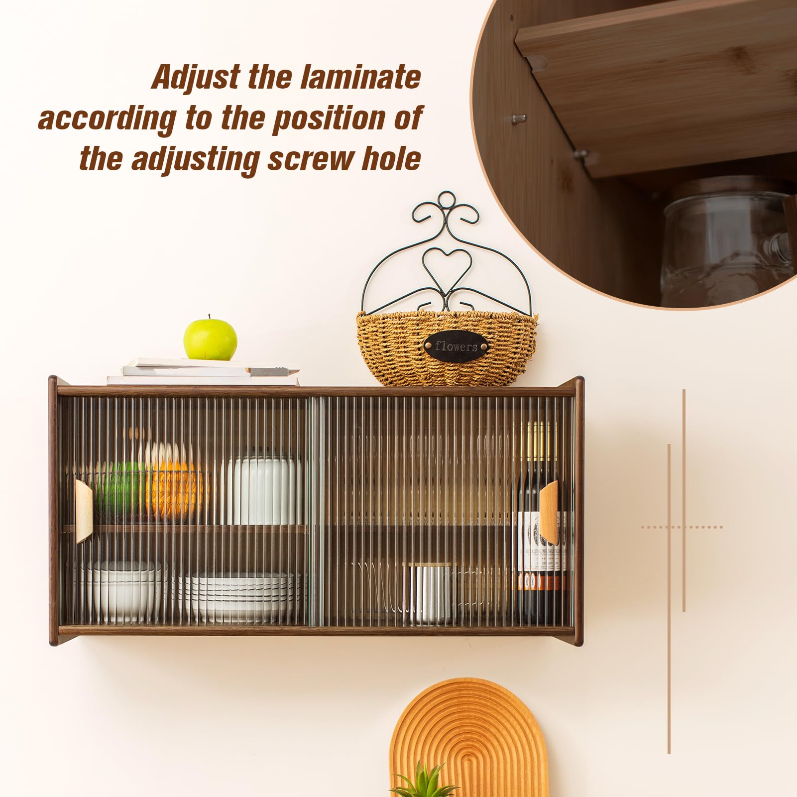 HollyHOME Small Bamboo Wall Mounted Kitchen Pantry Cabinet with 2 Doors - Coffee & Wine Bar Storage for Liquor, Glasses, Bottles & Dishes - Compact Sideboard for Dining Room, Living Room & Kitchen Organization (Walnut Finish)