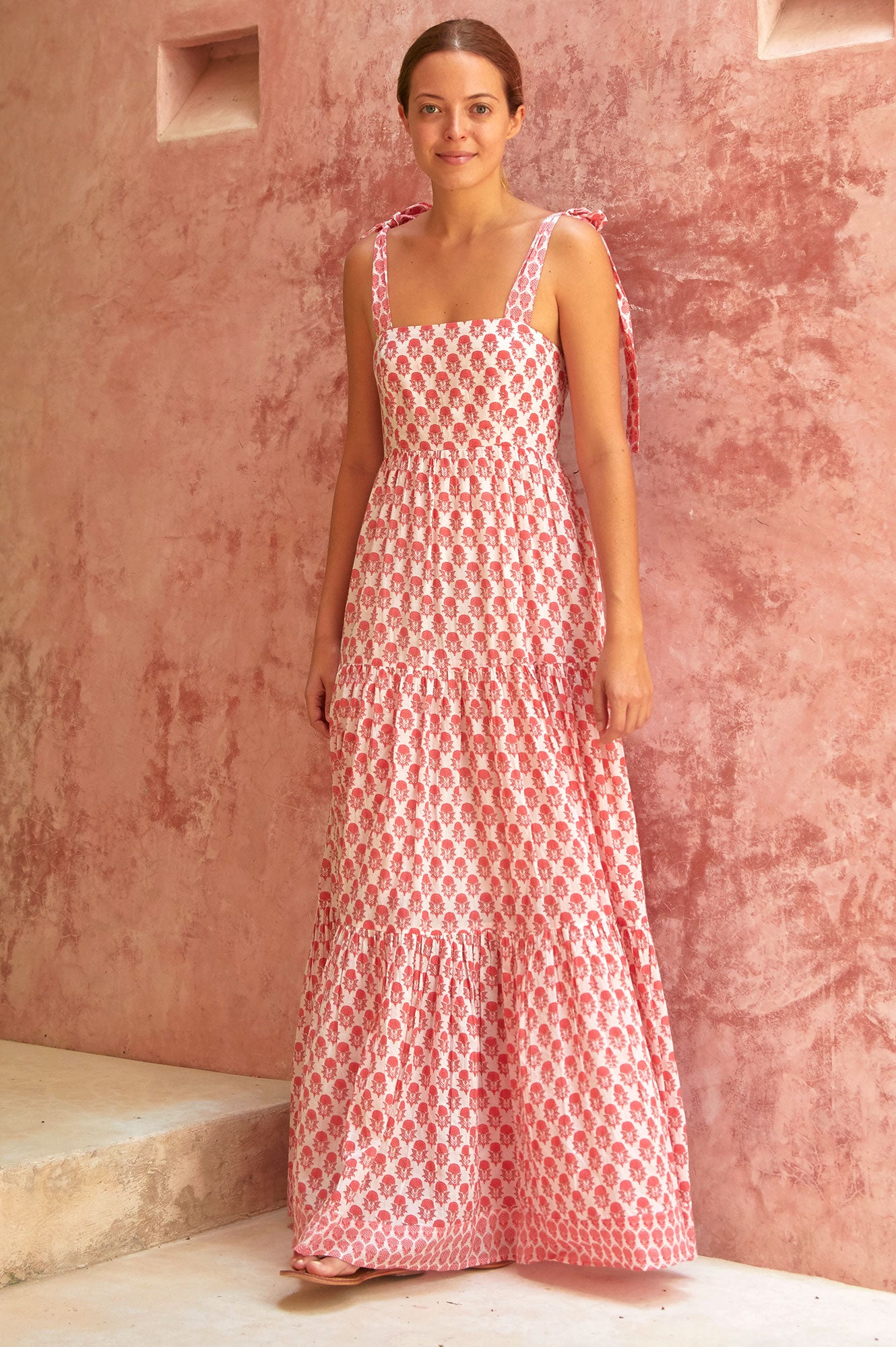Tabitha Organic Cotton Maxi Dress for Women | Floral Pineapple Coral Print | Summer Beach Dress, Boho Chic Outfit for Vacation & Outdoor Parties