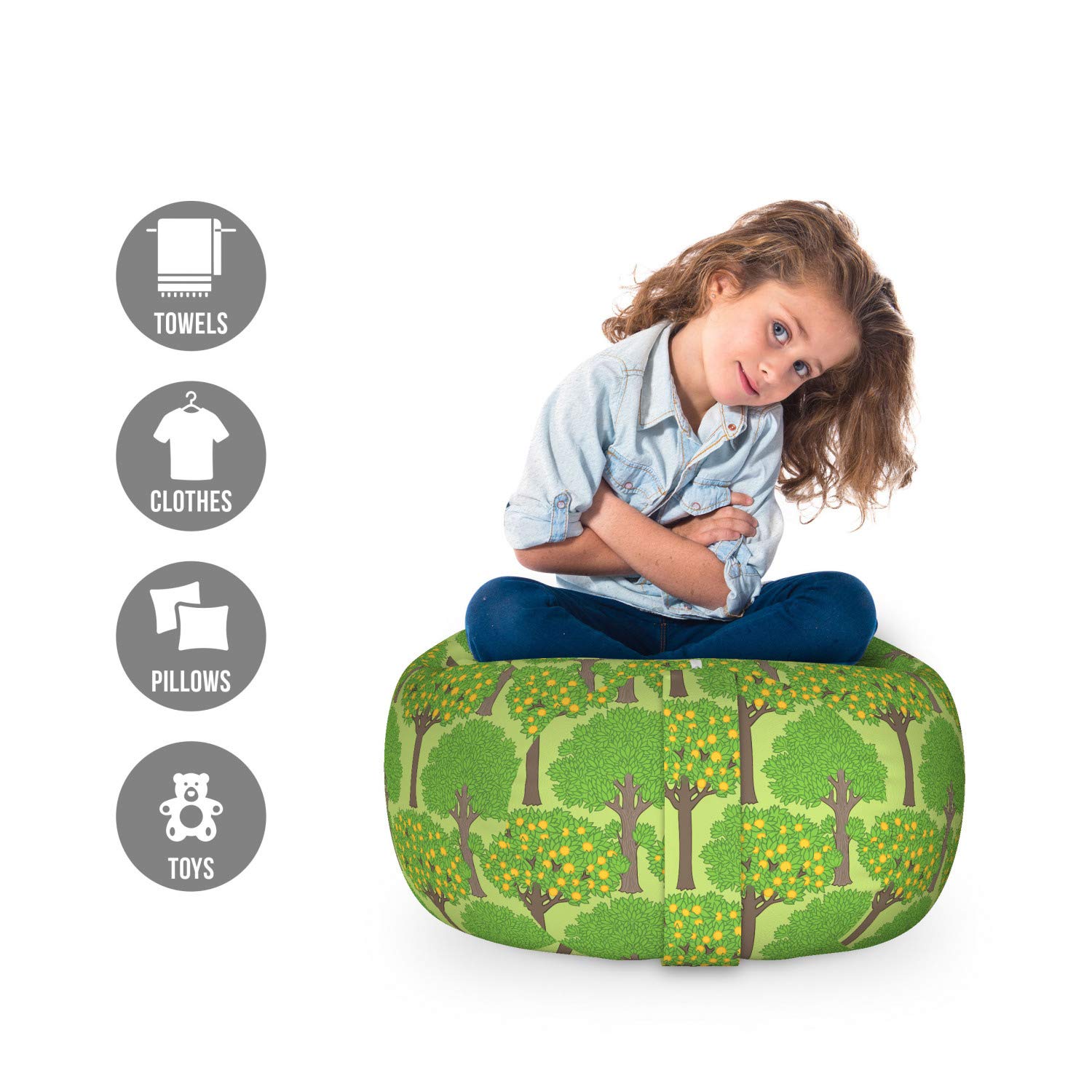 Ambesonne Trees Storage Toy Bag Chair - Rhythmic Orange Trees Citrus Blossoms Print, Washable Stuffed Animal Organizer, Small Size in Lime Green & Umber - Perfect for Kids' Room, Nursery, and Playroom Organization