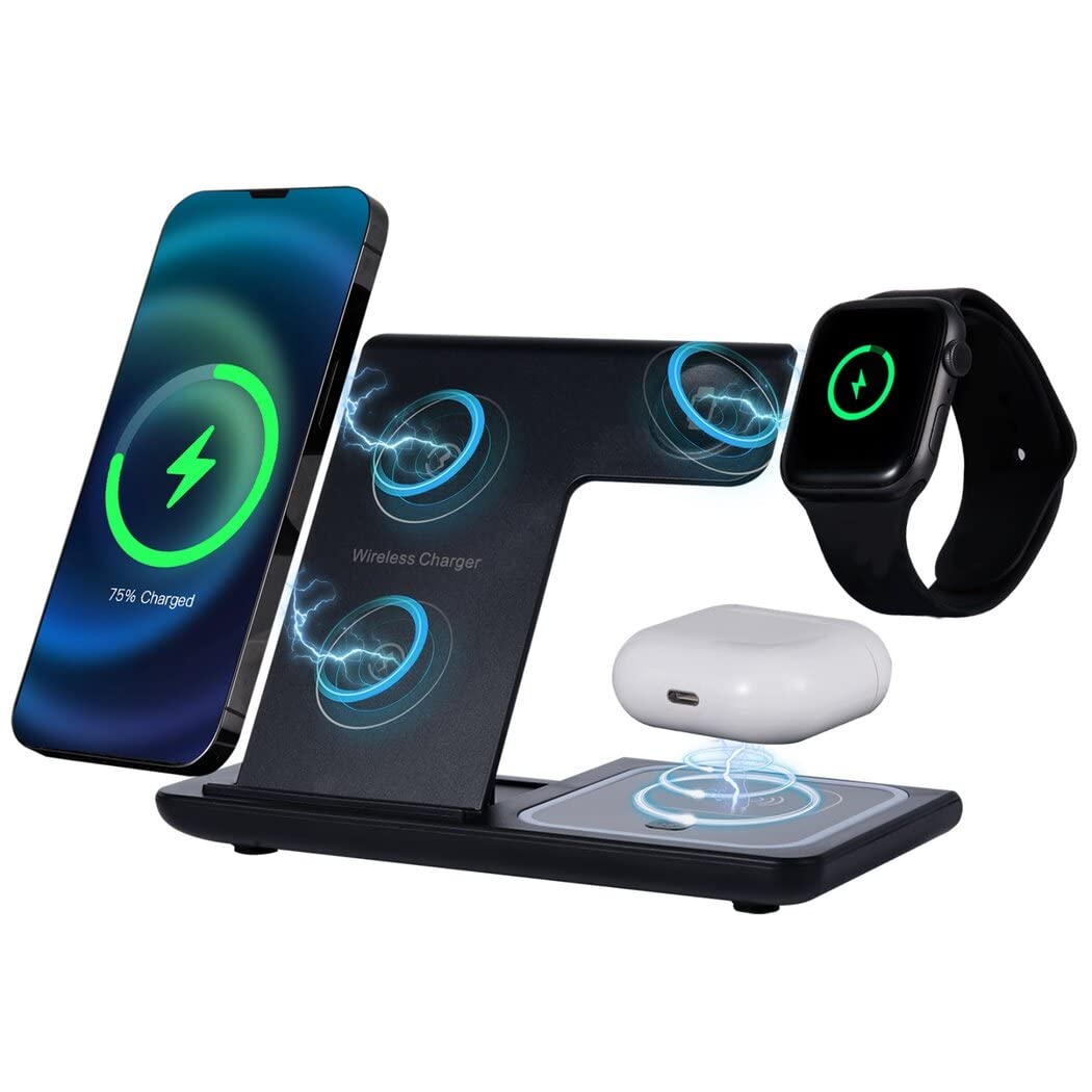 3-in-1 Fast Wireless Charging Station for iPhone, Apple Watch & AirPods - Qi Certified Charger Pad for Samsung Galaxy - Perfect for Home, Office & Travel Use