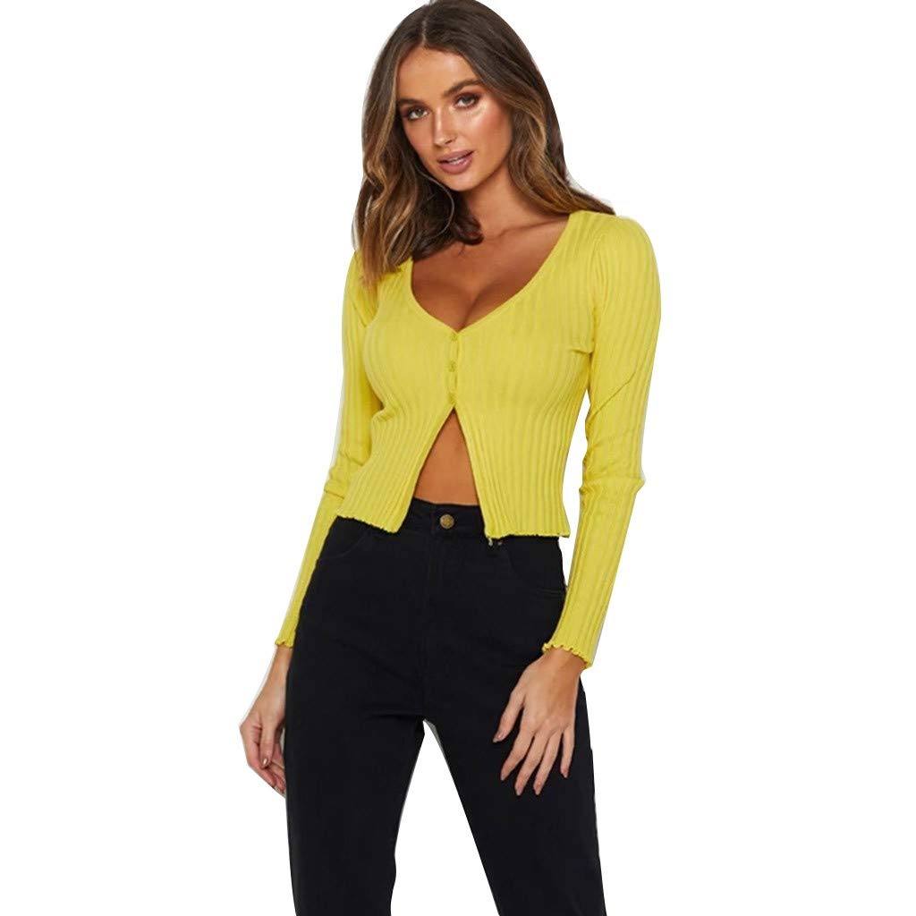 Women's Fall Winter Knit Sweater Long Sleeve V-Neck Button Down Coat - Basic Bandeau Bustier Top for Casual Wear, Office, and Date Nights