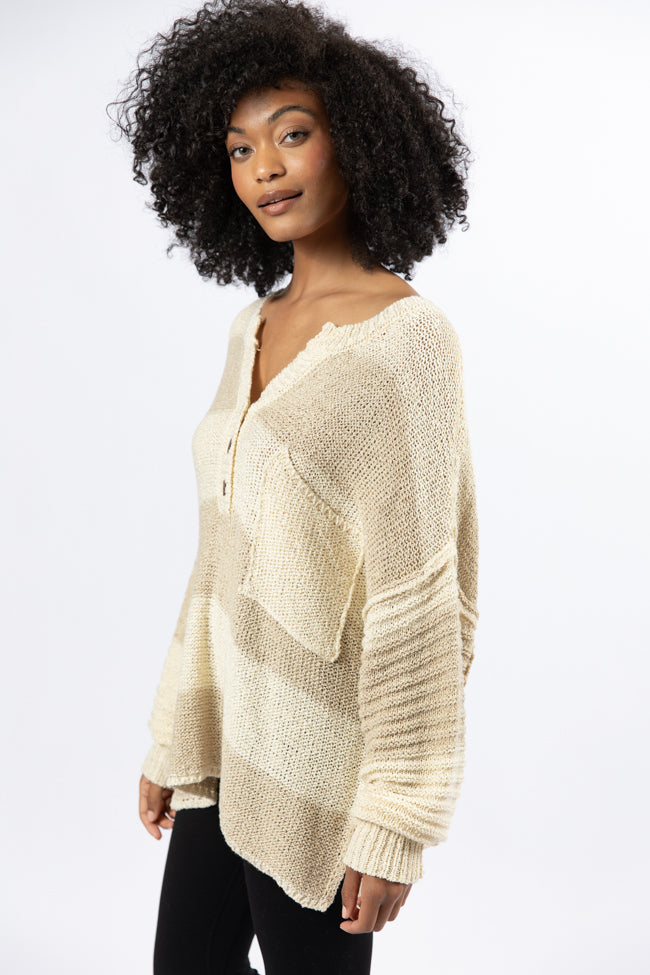 Best Beige Oversized Striped Henley Sweater for Women | Soft & Cozy Pullover | Casual Fall & Winter Fashion | Perfect for Layering, Coffee Dates & Weekend Outings