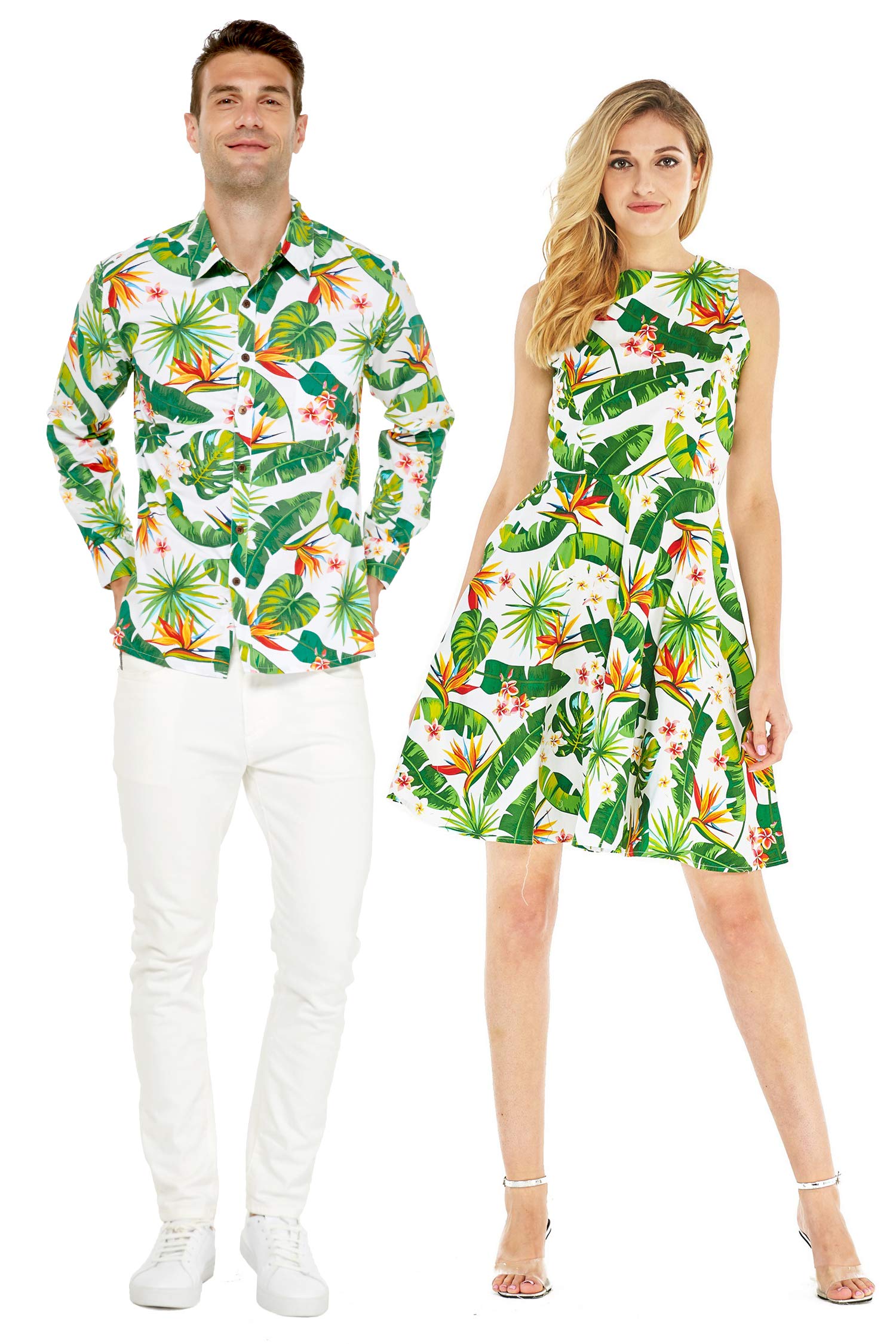 Couple Matching Hawaiian Luau Cruise Outfit - Vintage Flamingo in Love Shirt & Dress Set for Beach Vacation, Cruise Wear, and Tropical Themed Parties
