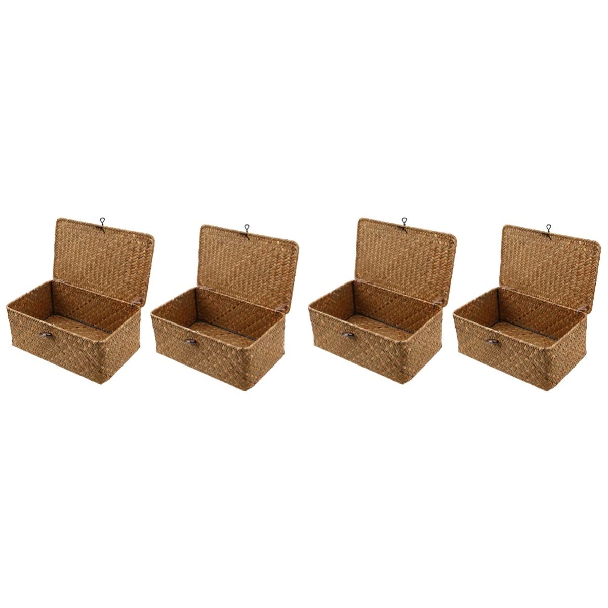 YARNOW 2-Piece Seagrass Storage Basket Set with Lid - Large Woven Rattan Organizer for Utensils, Jewelry & Home Decor | Portable Shelf Decor for Bathroom, Bedroom & Kitchen Organization