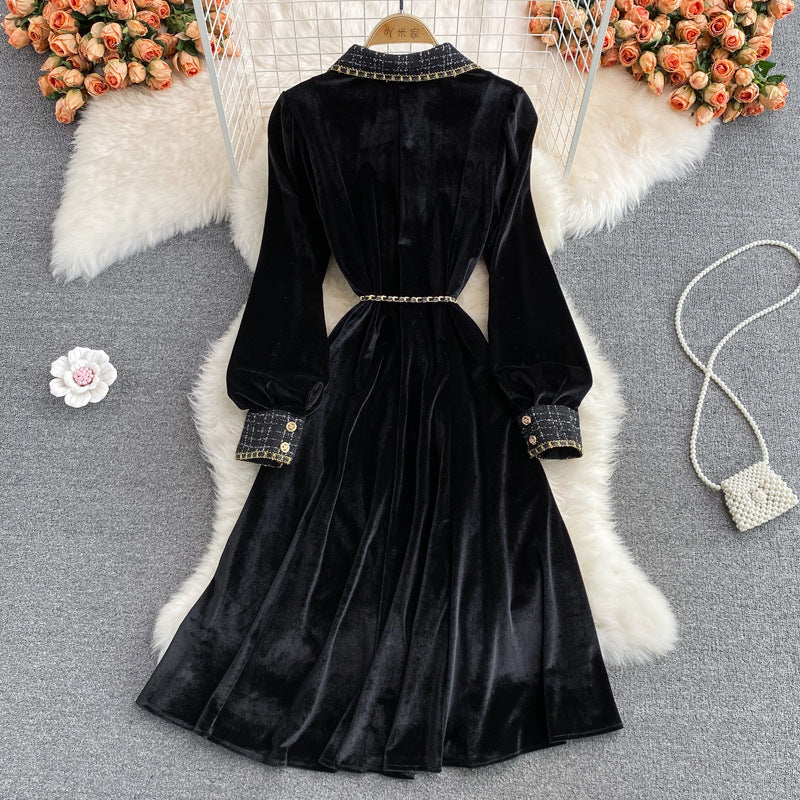 Elegant French Style Retro Velvet Swing Dress - Autumn Long Skirt with Flowy Skirt | Perfect for Fall Weddings, Date Nights & Holiday Parties