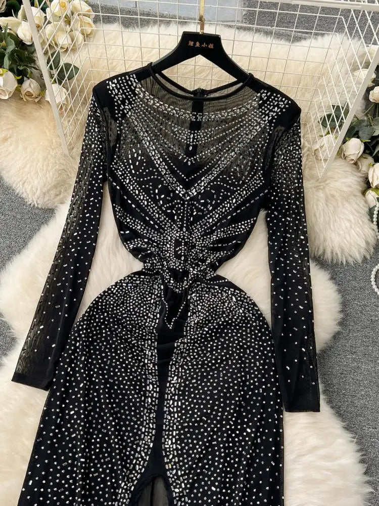 Sexy Black Long Sleeve Bodycon Dress with Back Zipper & High Slit - Vintage Elegant Club Party Gown for Women | Perfect for Night Out, Cocktail Party & Special Occasions
