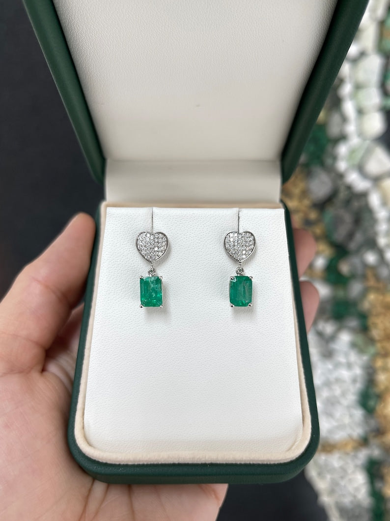 3.20tcw 14K Gold Natural Rich Medium Green Emerald & Diamond Heart Cluster Dangle Earrings for Women - Elegant Wedding, Party & Evening Wear Jewelry Gift