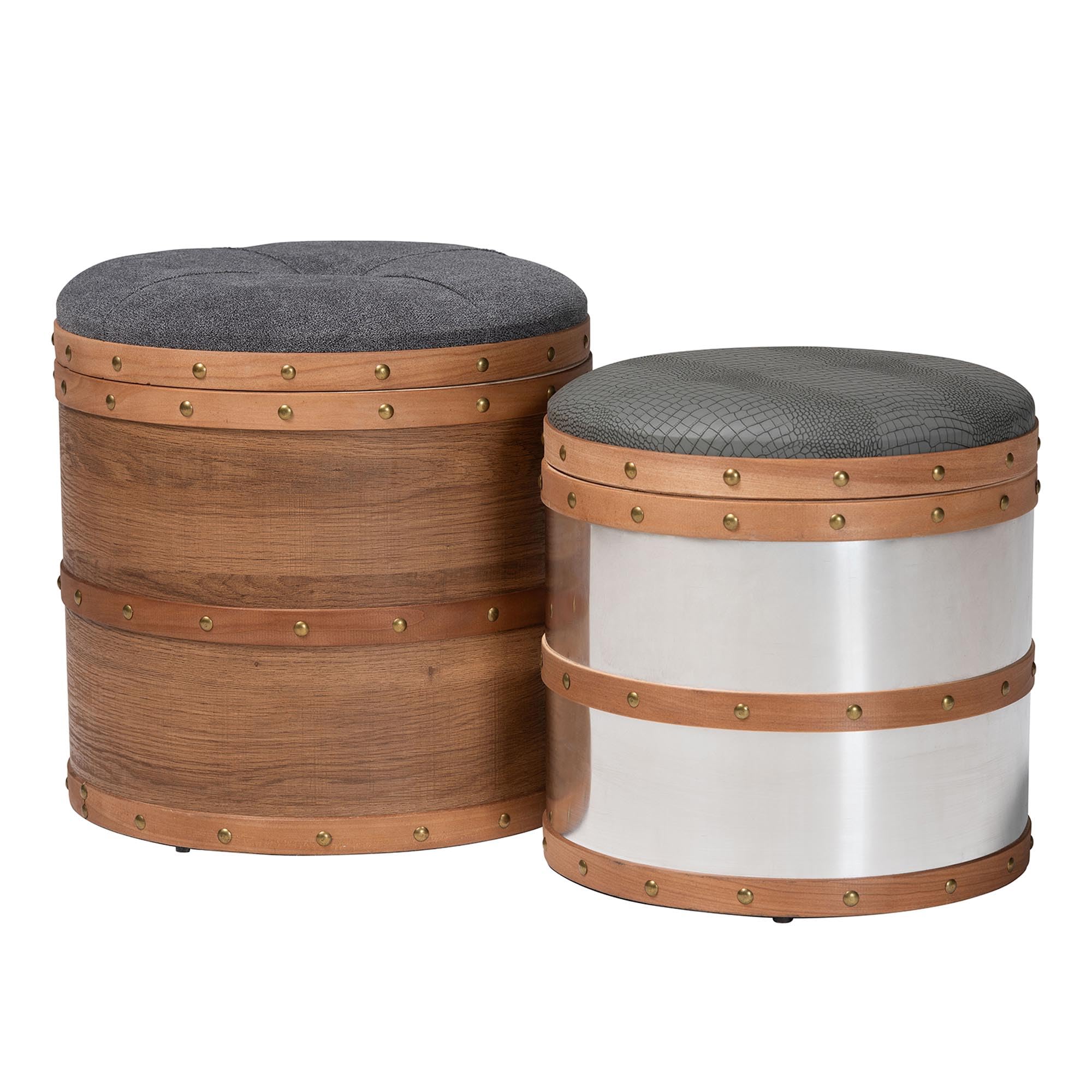 Baxton Studio Brown Leather Ottoman with Mirrored Accents - Modern Footrest & Extra Seating for Living Room, Bedroom, or Office
