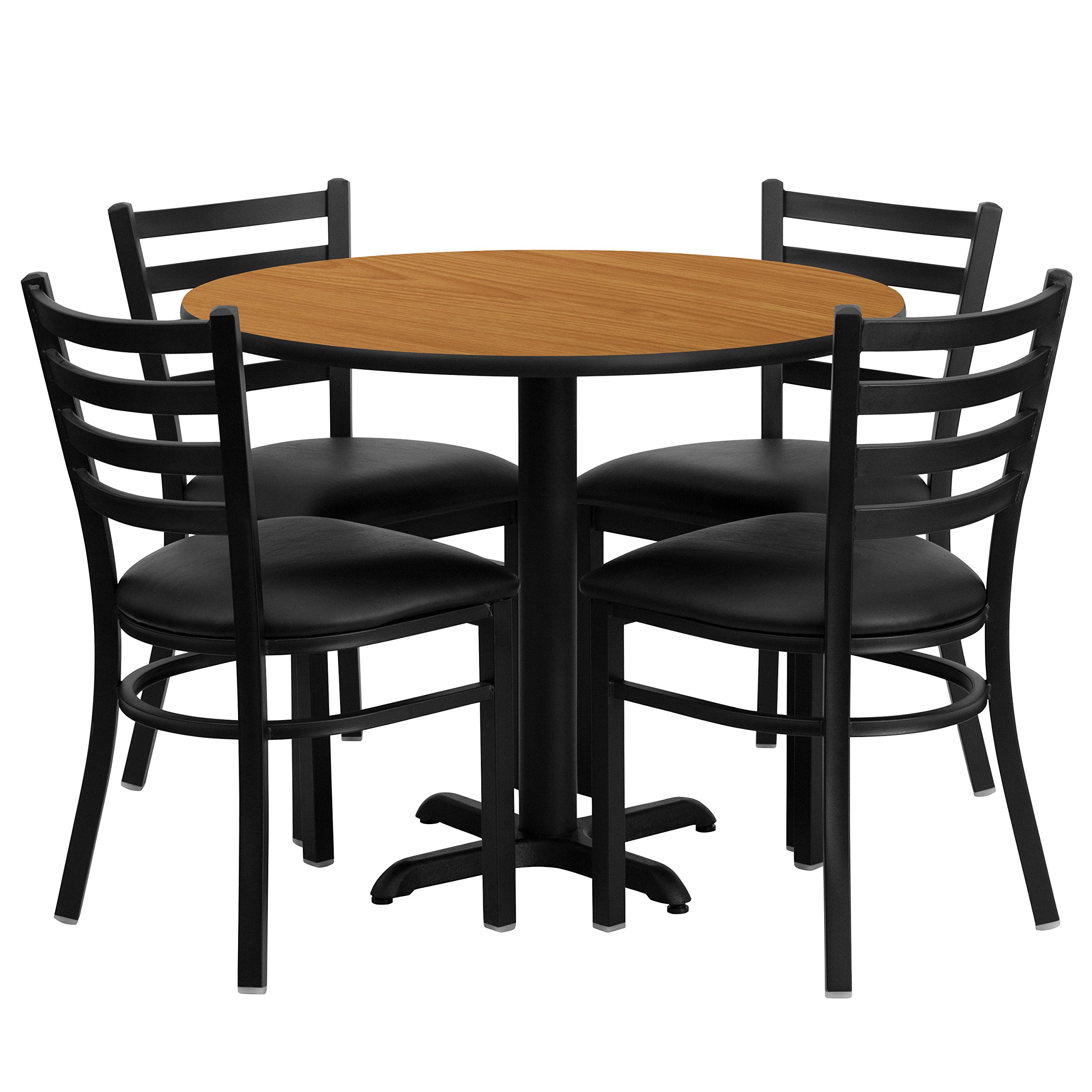 36RD Natural Wood Dining Table Set with X-Base & 4 Ladder Back Chairs - Black Seat - Perfect for Kitchen, Dining Room, and Farmhouse Style Decor