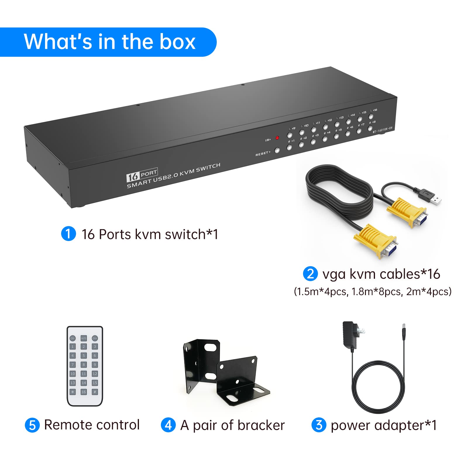 16 Port KVM Switch with 16-Pack Cables & IR Remote - 1U Rack Mount Console for Server Management | Supports HD 1080P VGA | Ideal for Data Centers, IT Labs & Network Control Rooms