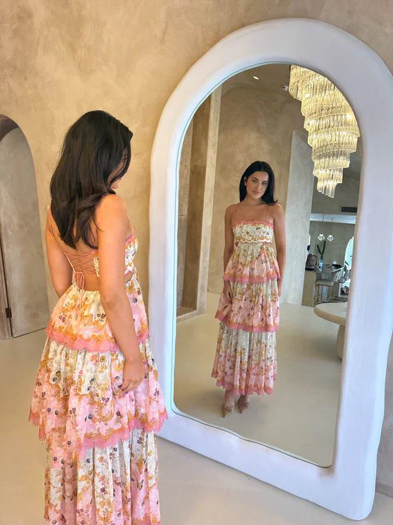 Elegant A-Line Printed Long Prom Dress with Layered Skirt - Formal Evening Gown for Homecoming, Wedding Guest, and Special Occasions - Style J3324