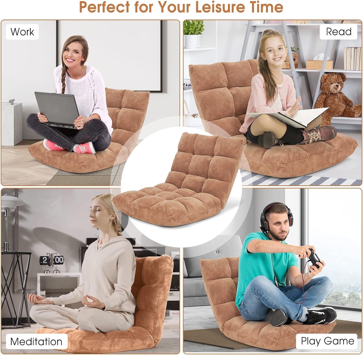 LDAILY 14-Position Adjustable Floor Gaming Chair with Lumbar Support - Padded Cushion Folding Recliner Sofa for Floor Seating, Reading & Video Games - Perfect for Living Room, Bedroom & Home Office (Pale Yellow)