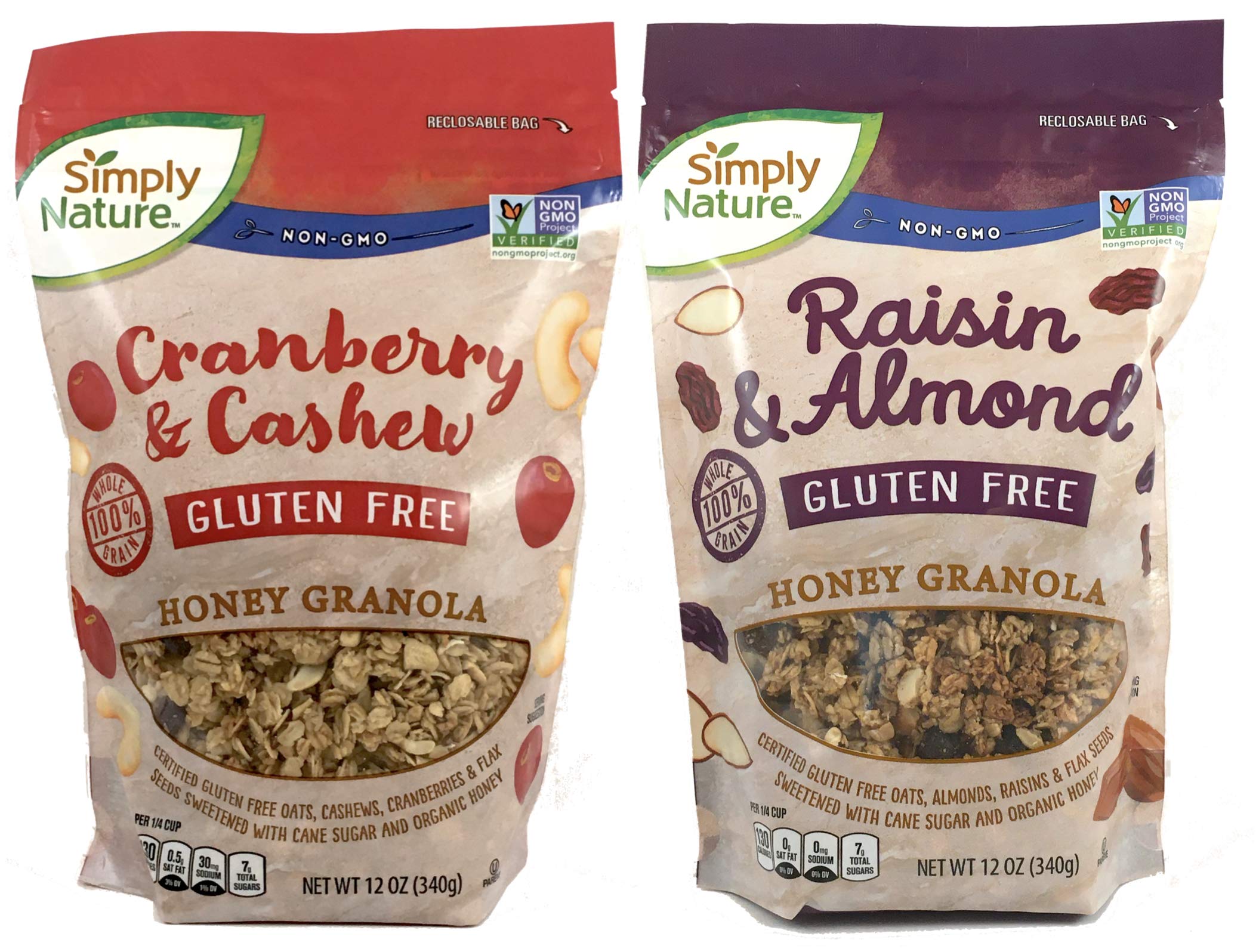 Gluten Free Certified Honey Granola - 2 Pack (12oz Each) | 100% Whole Grain, Non-GMO, Wheat Free, Cholesterol Free | Cranberry Cashew & Raisin Almond Flavors | Healthy Breakfast, Snacks for Hiking, Office, School Lunch