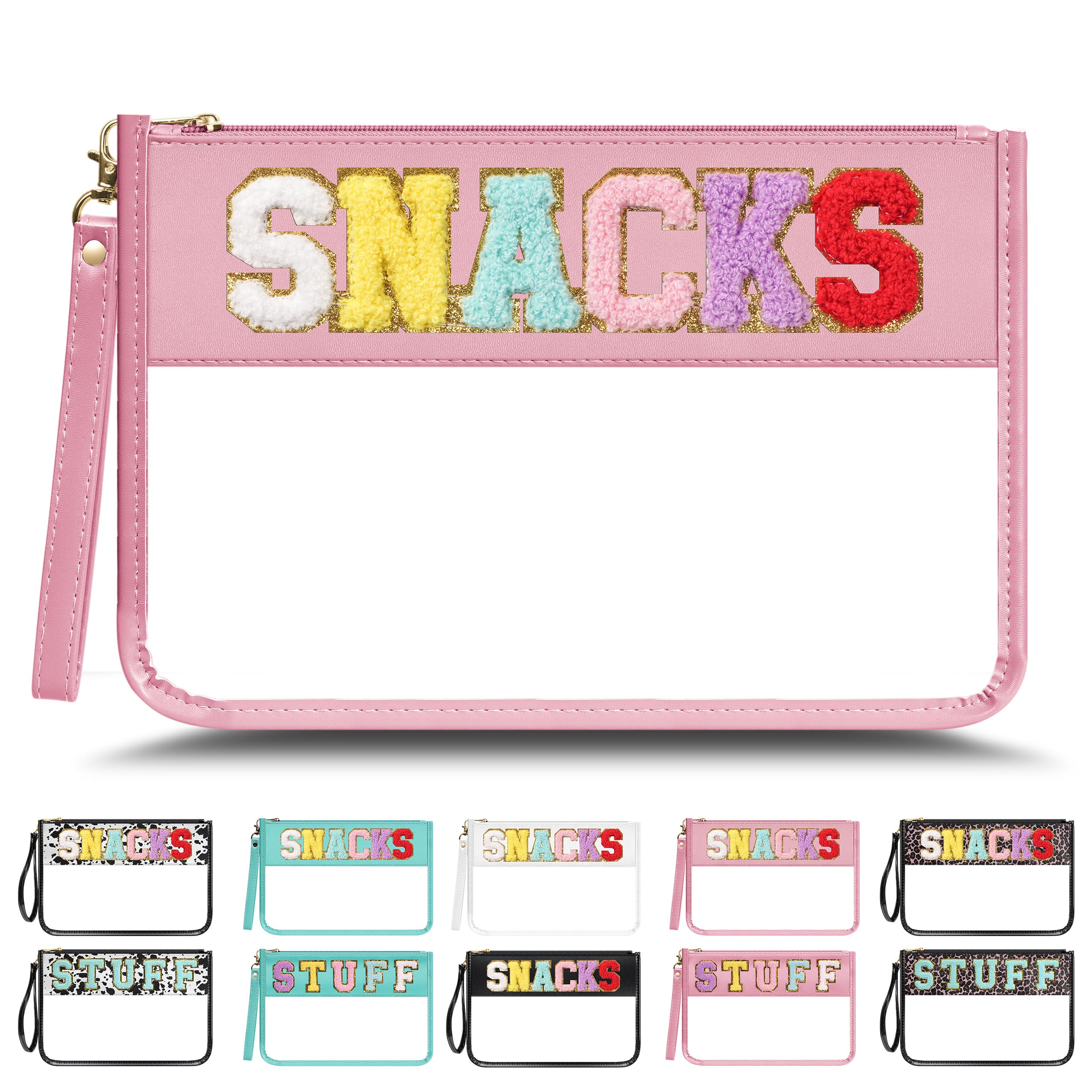 Chenille Letter Clear Zipper Pouch for Travel - Waterproof PVC Cosmetic & Snack Storage Bag for Women & Girls | Makeup Organizer, Toiletry Case, School Supplies Holder (Pink-Snacks) - Perfect for Travel, Gym, Beach & Daily Use