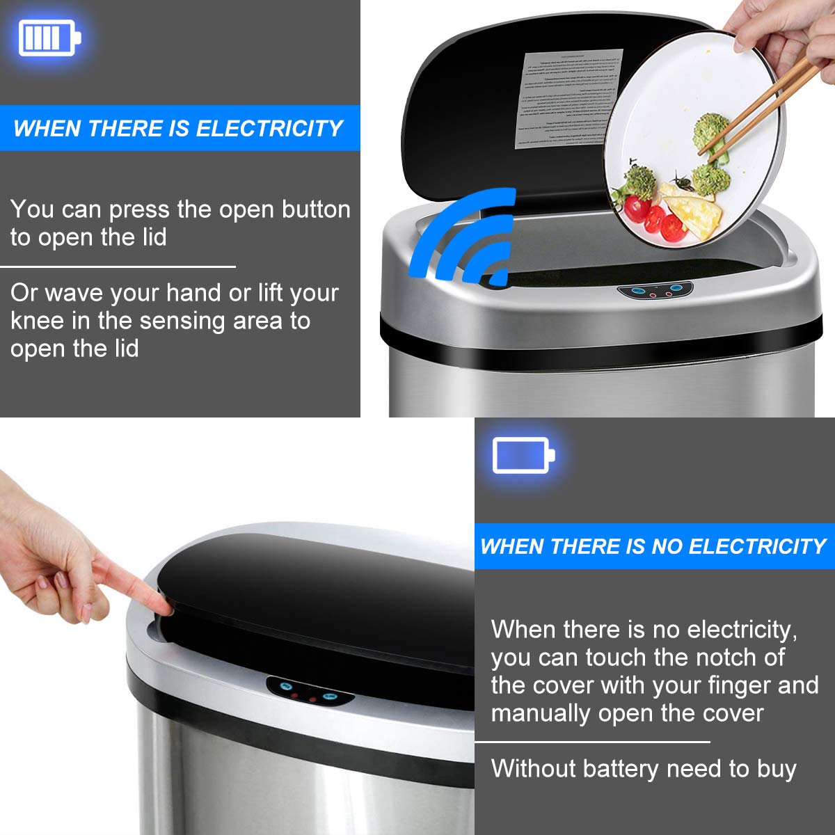 Automatic Touch-Free Stainless Steel Trash Can - 13 Gallon/50L High-Capacity Kitchen Garbage Bin with Lid for Bathroom, Bedroom & Home Office - Odor Control & Hands-Free Operation for Hygienic Waste Disposal