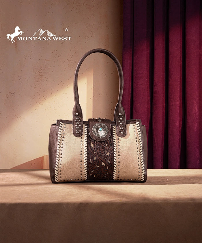 Montana West Tooled Leather Concealed Carry Tote Bag for Women - Western Style Handbag with Concho Details - Perfect for Everyday Use, Travel & Concealed Carry
