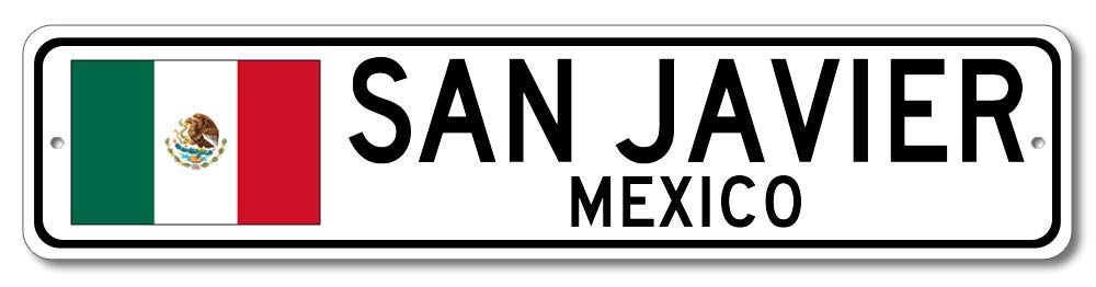 San Javier Mexico Flag Metal Street Sign - Personalized Custom Wall Decor, Man Cave & Home Bar Sign - 4x18 Inches - Perfect for Mexican-Themed Parties, Gifts & Patriotic Decor