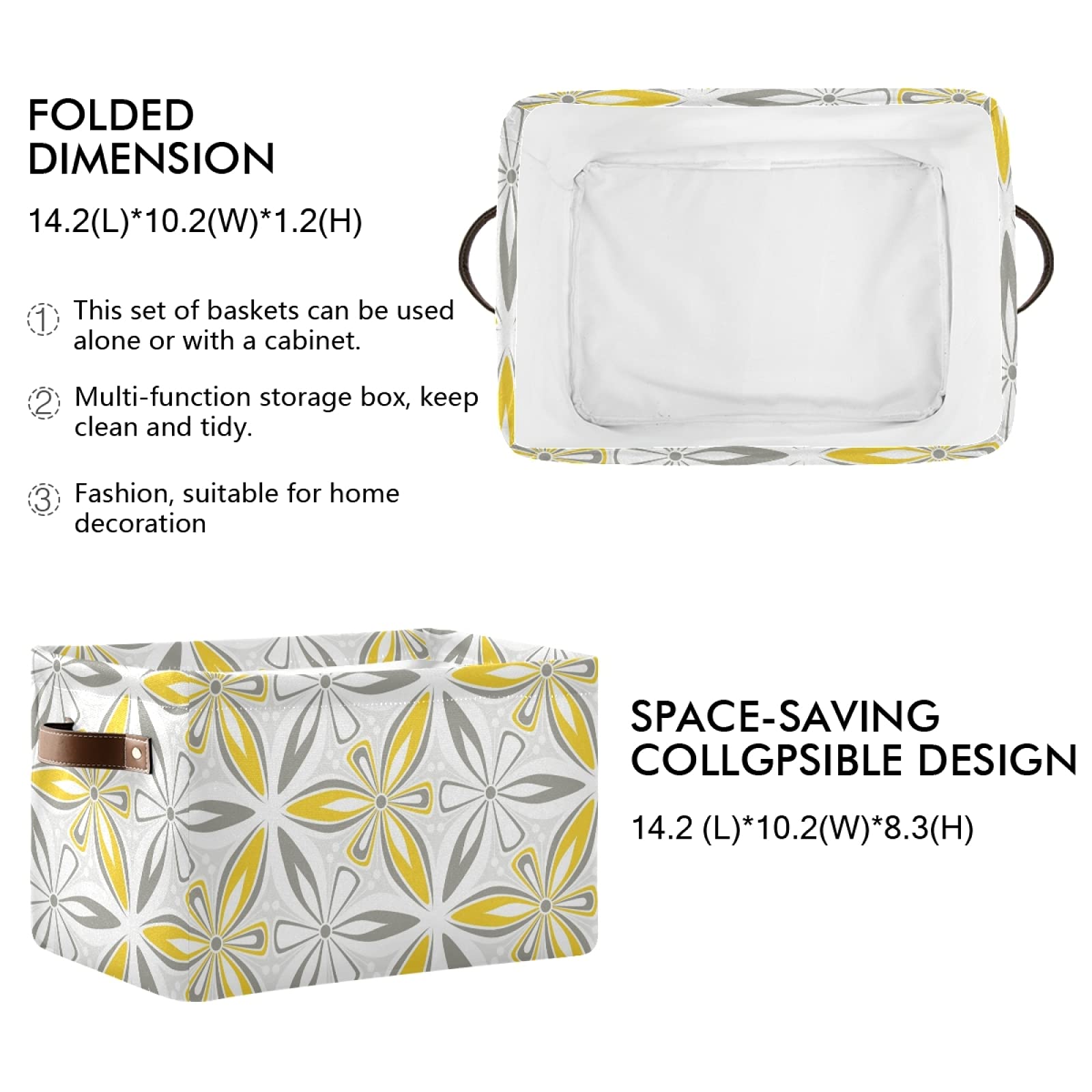 Susiyo Grey Yellow Geometric Flower Storage Bins - 14 x 10 Inch Canvas Storage Basket for Shelves, Closet Organizing (1 Piece) - Perfect for Home Decor, Bedroom Storage & Kids' Room Organization