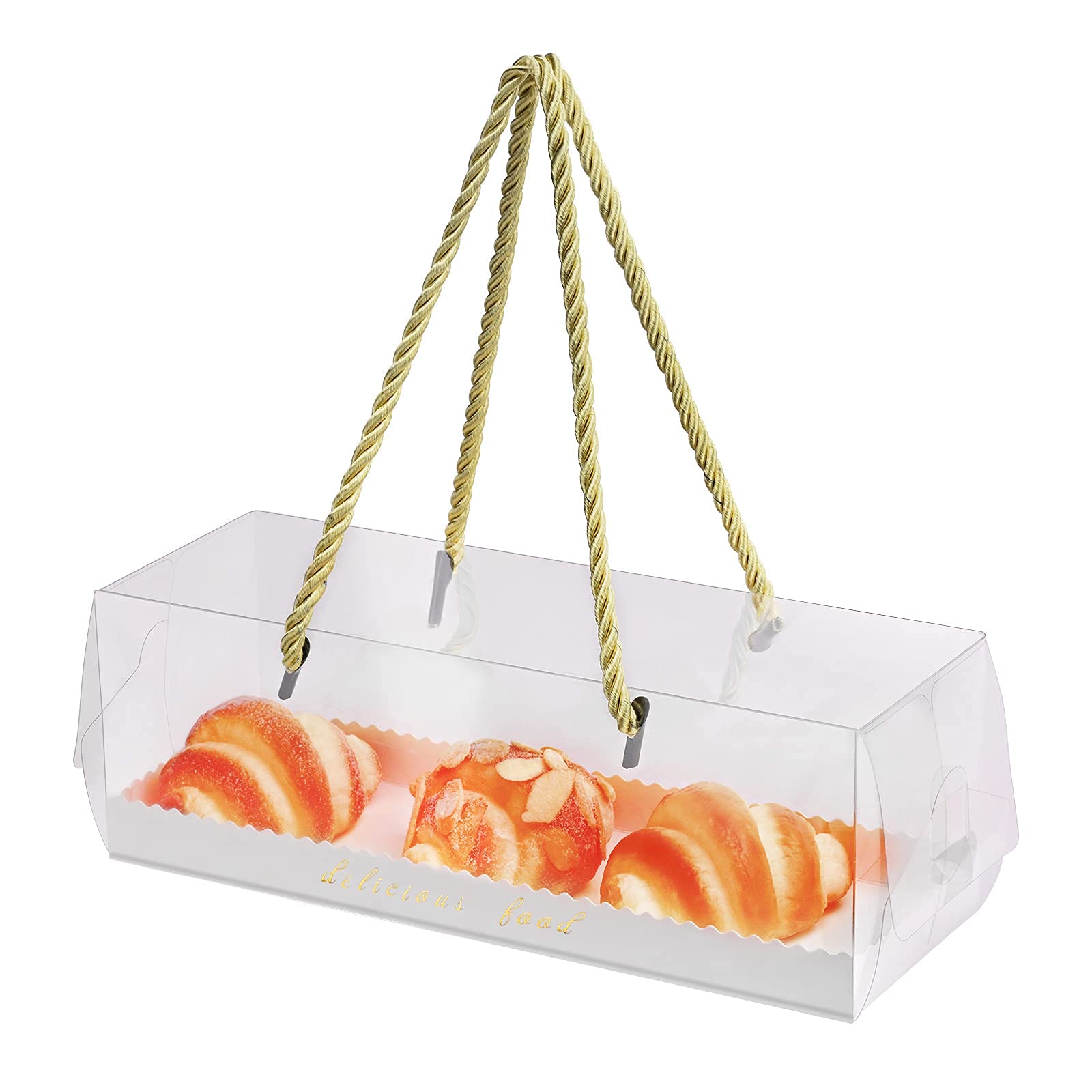 10 Pack Clear Pastry Boxes with Handle - 9x3x3 Inch Bakery Gift Boxes for Cupcakes, Cookies, Candy & Desserts - Gold Rim Ribbon Decoration - Perfect for Birthday Parties, Wedding Favors & Special Events