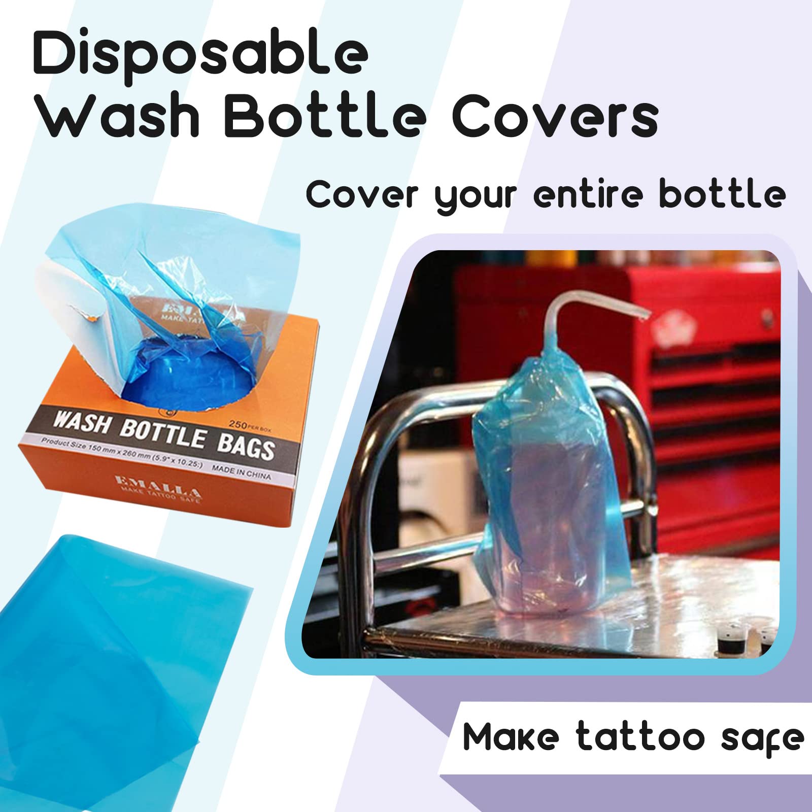 **250pcs Disposable Tattoo Wash Bottle Covers Sleeves - Blue 6x10 Inch Squeeze Bottle Bags for Tattoo Artists & Cleaning Supplies | Hygienic, Leak-Proof Protection for Ink & Cleaning Solutions**    *(Use Case: Ideal for tattoo studios, salons, and medical facilities to maintain hygiene and prevent cross-contamination.)*