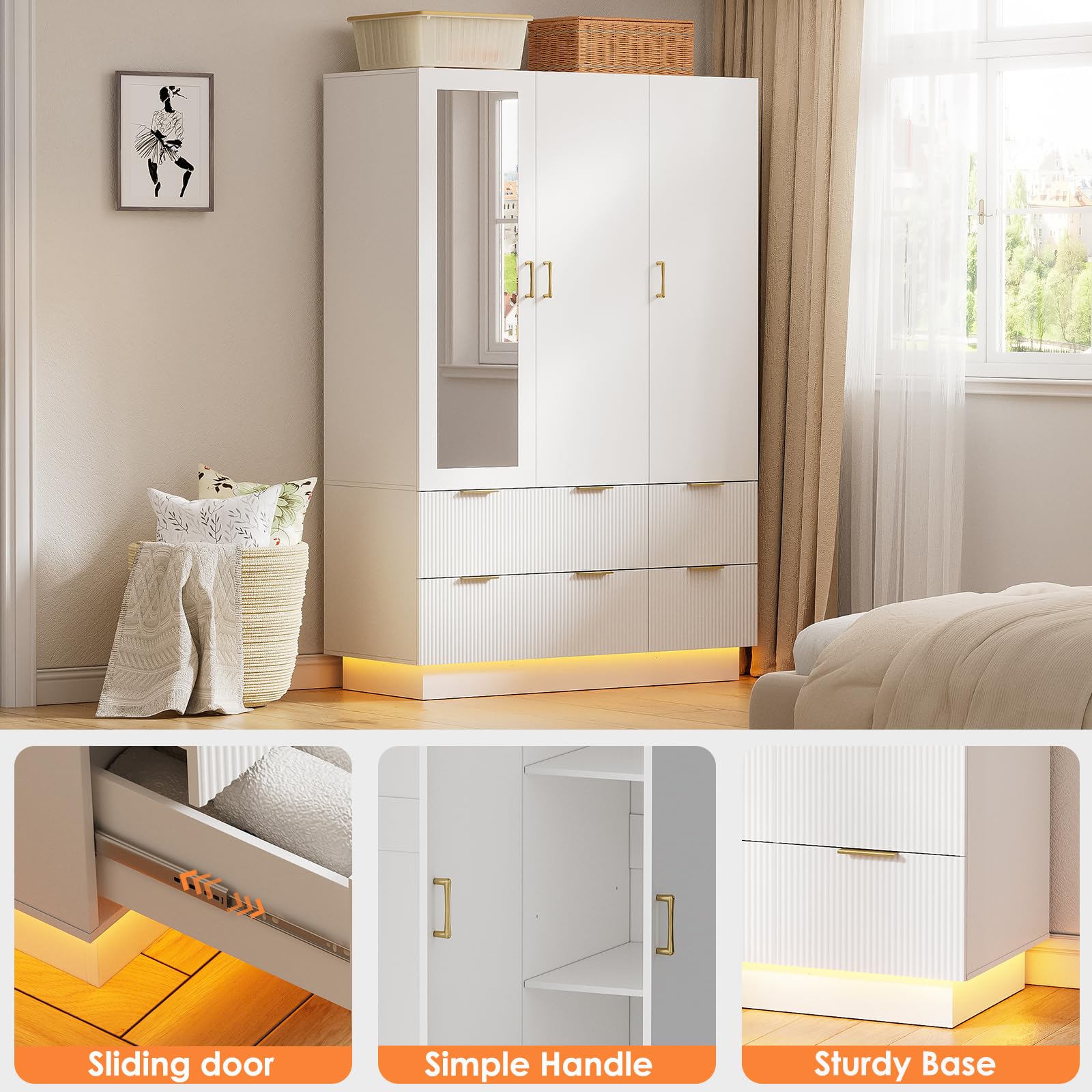 PAKASEPT 3-Door Wardrobe Closet with Mirror & LED Lights - Large Capacity Storage Armoire with Hanging Rod & Drawers for Bedroom - Perfect for Bedroom Organization, Guest Room Storage, and Apartment Living