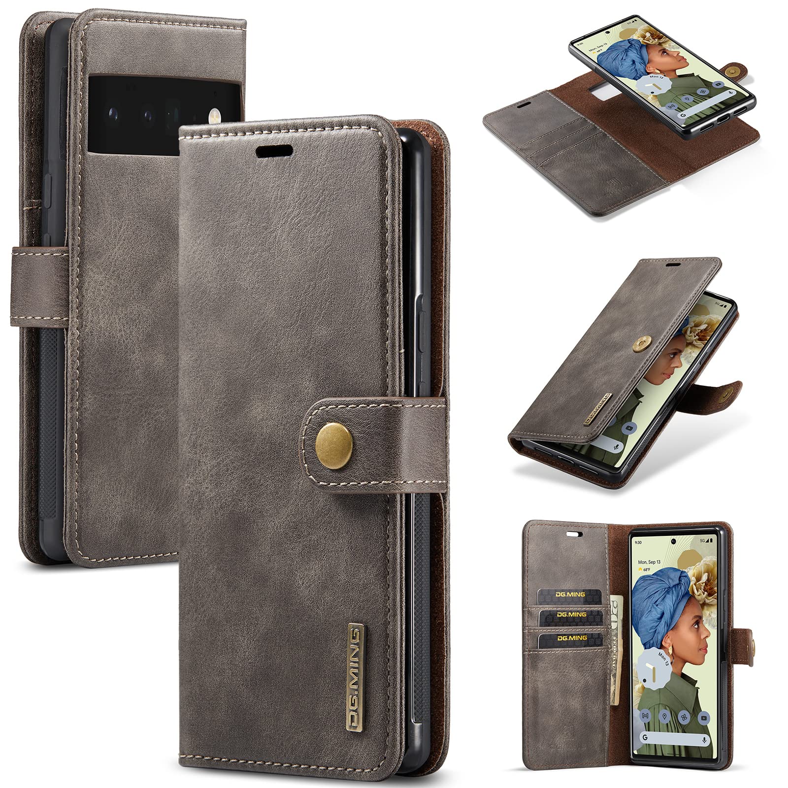 Premium Genuine Leather Wallet Case for Google Pixel 6 Pro - Detachable 2-in-1 Magnetic Flip Cover with Card Slots (Gray) | Slim Protective Phone Case for Business & Travel