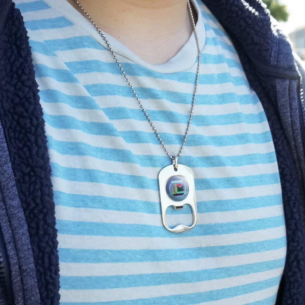 Black Cat Staring at Betta Fish Bowl Military Dog Tag Bottle Opener Pendant - Unique Graphic Novelty Gift for Cat Lovers & Military Enthusiasts - Perfect for Keychains, Necklaces & Beer Bottle Openers
