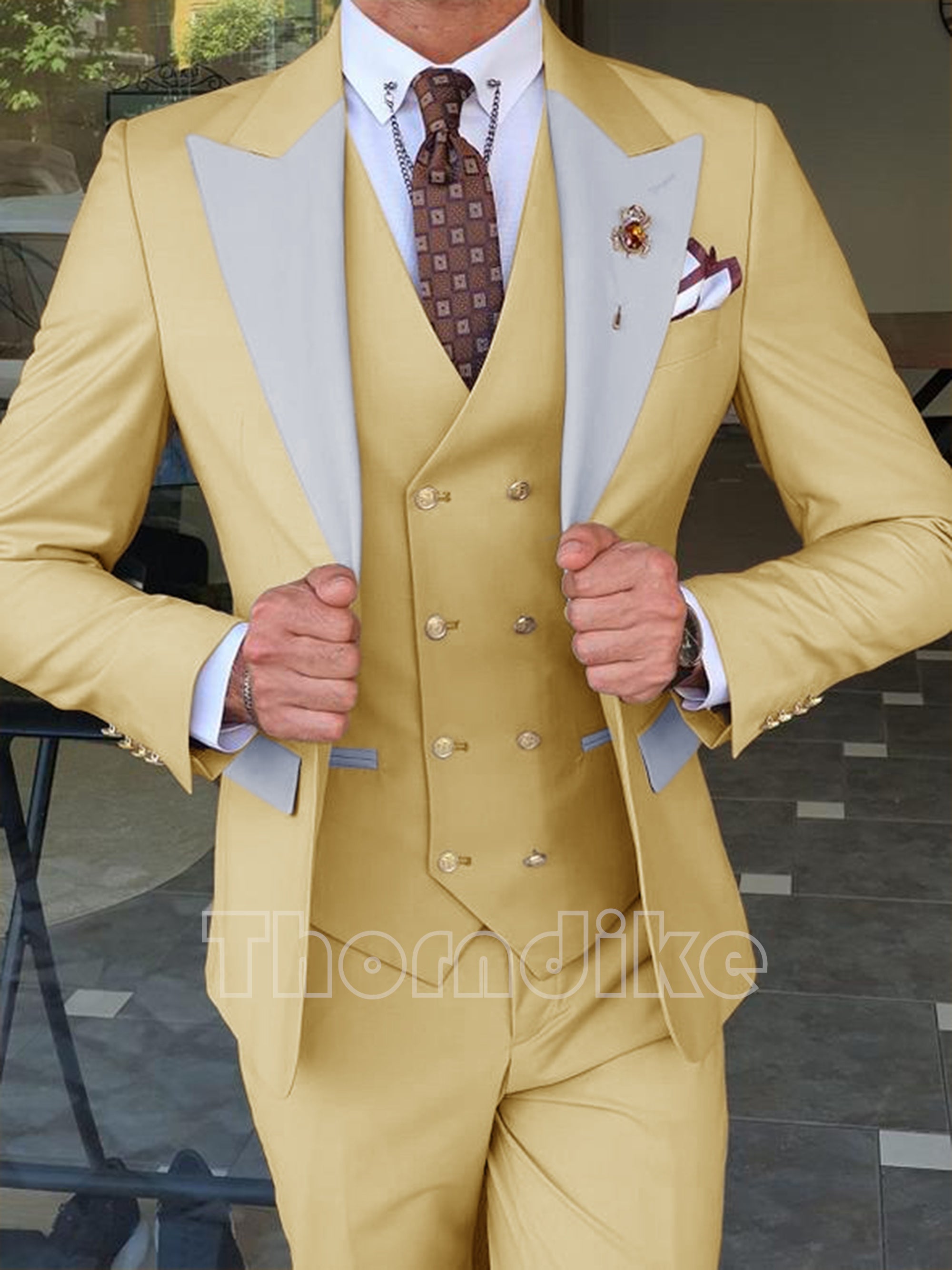 Classic Silver Lapel Beige Groom Tuxedo Suit with Gold Buttons - Men's Wedding Blazer for Groomsmen & Formal Occasions (CB2334) | Perfect for Weddings, Proms & Black Tie Events
