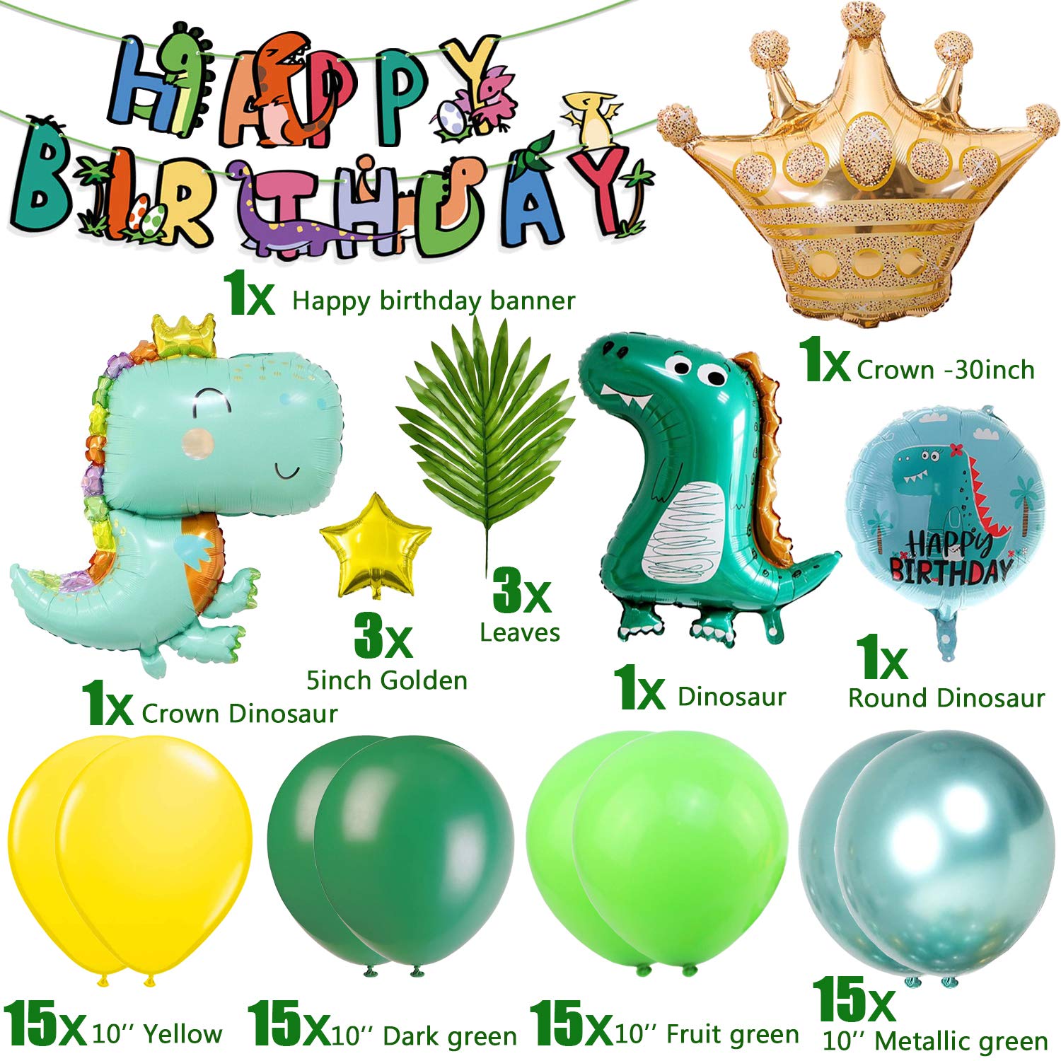 Dinosaur Party Decorations Kit - Dinosaur Balloons Garland, Banner, Crowns & Palm Leaves for Jungle Theme Birthday Party, Baby Shower | Perfect for Kids' Dinosaur-Themed Celebrations and Decor