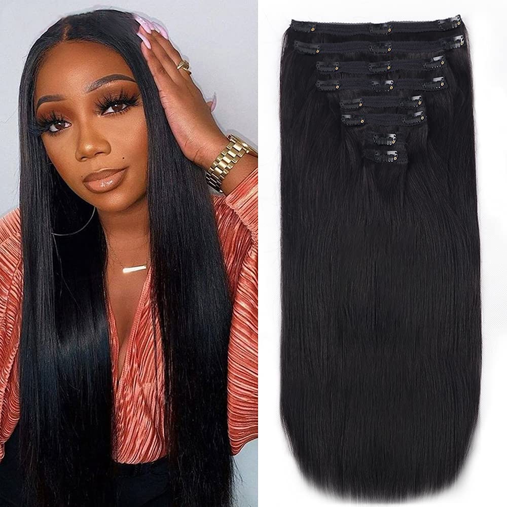 8Pcs Clip in Human Hair Extensions 16inch Natural Black - 120g Remy Hair with 18 Clips & Lace Weft for Women | Perfect for Daily Styling, Parties & Special Occasions