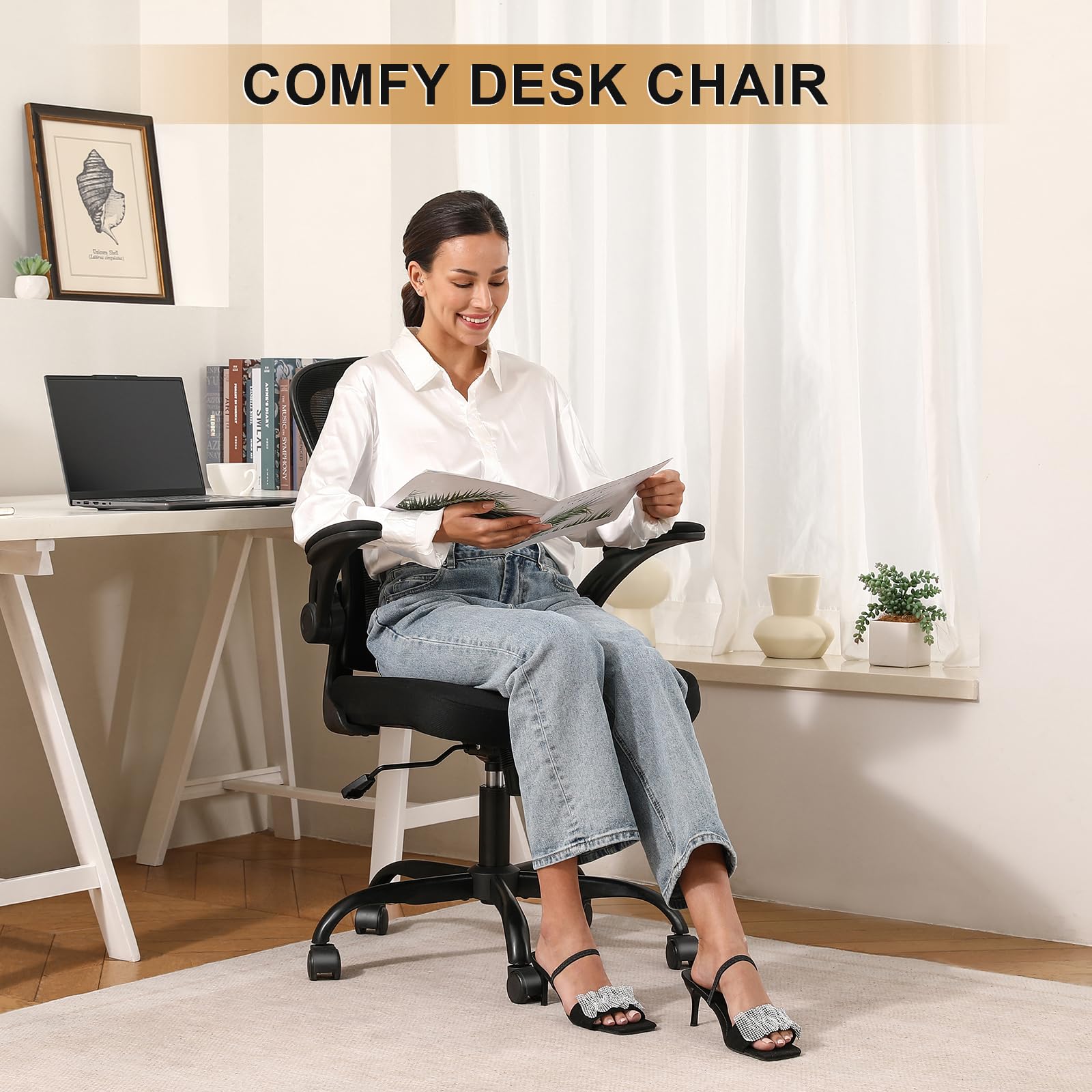 Ergonomic Office Chair with High Back Mesh & Adjustable Lumbar Support - 330LBS Capacity Computer Desk Chair with Flip-Up Armrests, Swivel Base - Perfect for Home Office, Gaming & Executive Workspaces - Black
