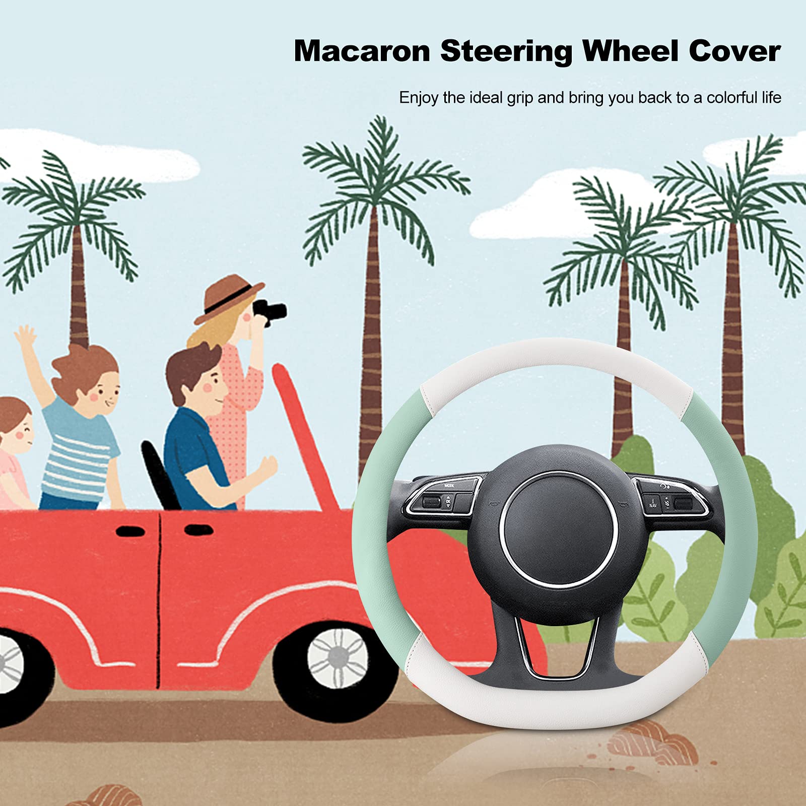 Ergocar D-Shaped Microfiber PU Leather Steering Wheel Cover - 15 Inch (38cm) Anti-Slip Breathable Car Accessory for Women, Soft Morandi Green Macaron Design - Perfect for Daily Commute, Road Trips & Gift Giving