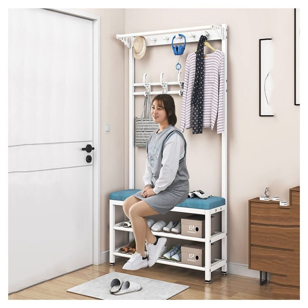 Fangsky 10-Hook Coat Rack with 3-Tier Shoe Bench - Hall Tree Entryway Furniture for Bedroom, Living Room & Hallway - White Metal Frame Storage Shelf (60x33x170cm) - Perfect for Organizing Shoes, Hats & Jackets in Small Spaces