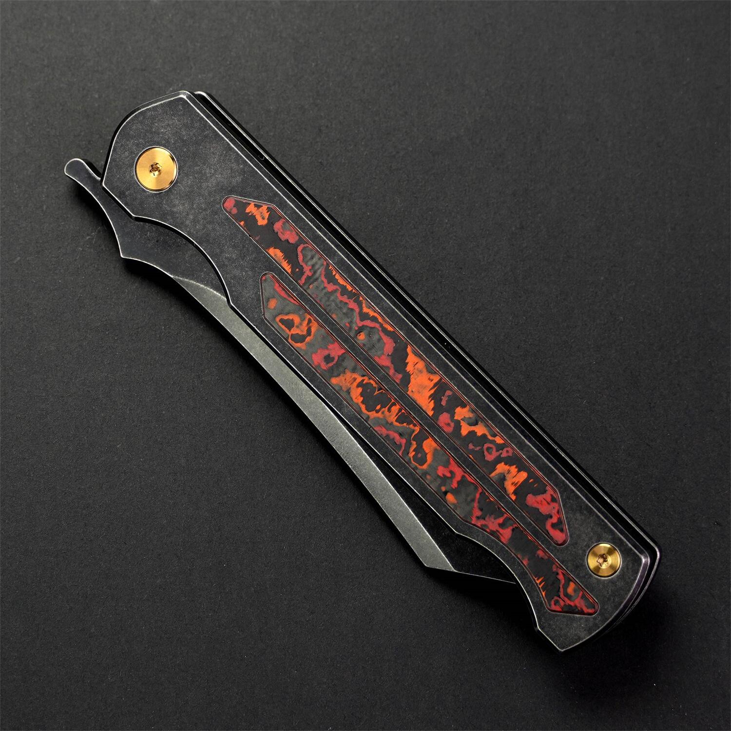 KATSU JT03 Folding Knife - CPM S35VN Steel Blade, Stonewashed Titanium Handle with Carbon Fiber Inlays - EDC Pocket Knife for Camping, Hiking & Outdoor Survival
