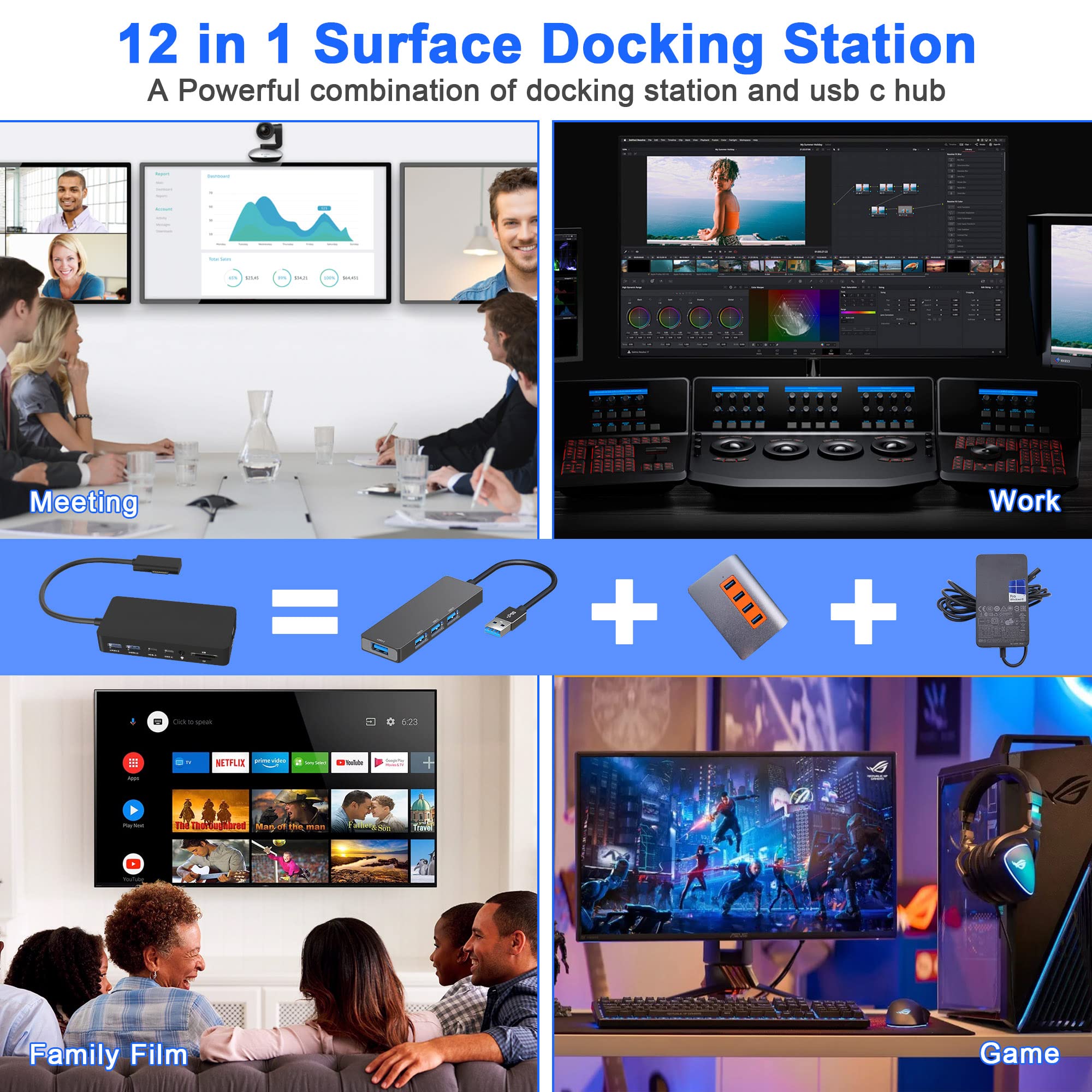 Microsoft Surface Docking Station 12-in-1 Triple Display Dock with 2 HDMI & VGA Ports - Compatible with Surface Pro 11/10/9/8/X/7/6/5/4/3, Surface Laptop 5/4/3/2/1, Surface Book 3/2 - Perfect for Home Office, Gaming & Multi-Monitor Workstations