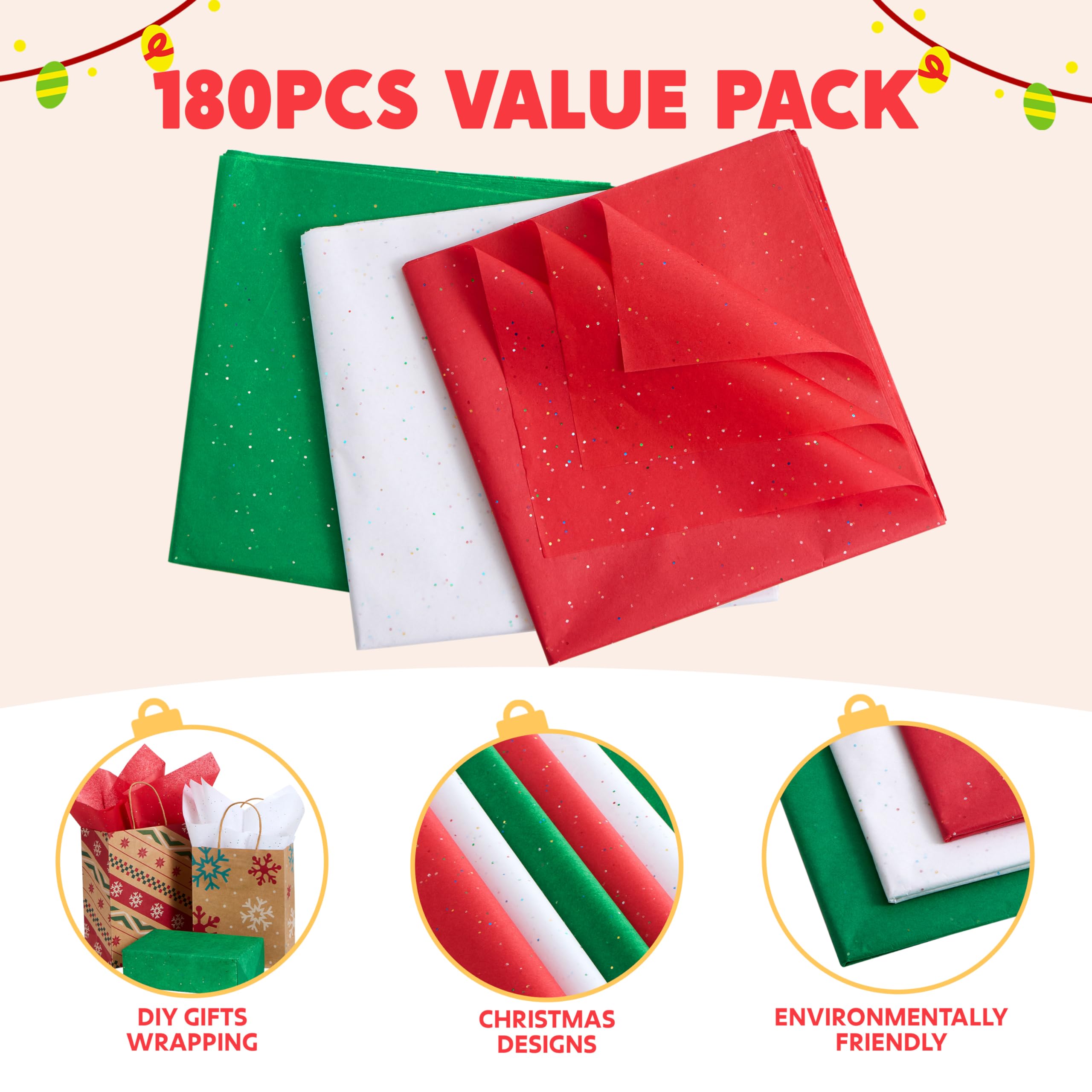 JOYIN 180 Sheets Glitter Tissue Paper for Gift Wrapping - Red, Green, White Holiday Wrapping Paper 20