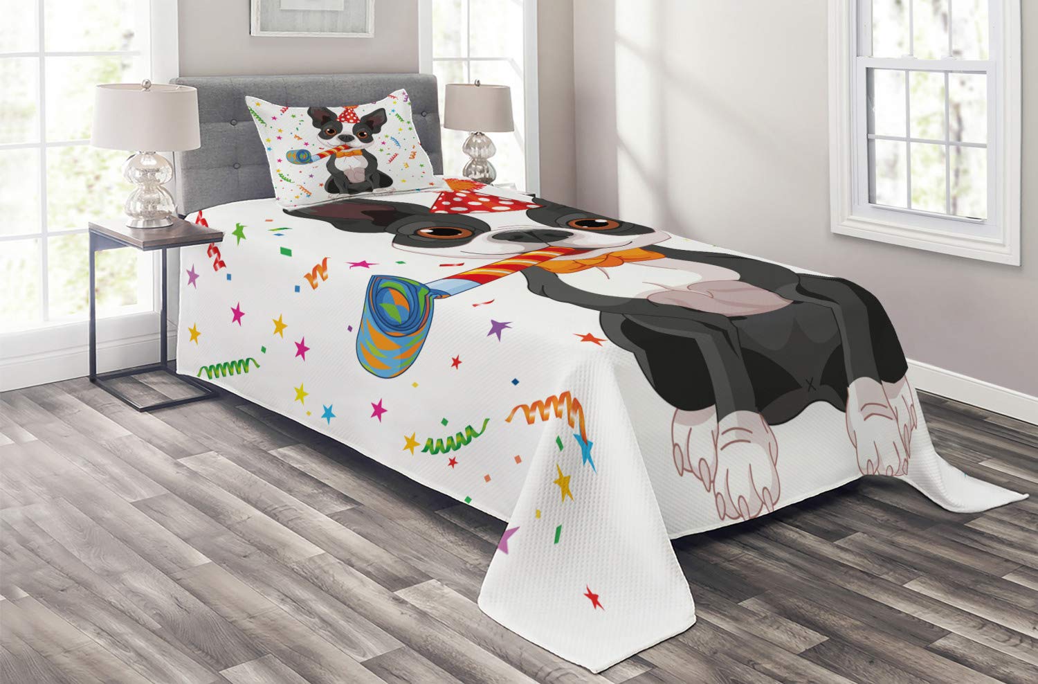 Ambesonne Twin Size 2-Piece Quilted Bedspread Set with Pillow Sham - Black & White Boston Terrier Dog Design with Colorful Party Celebration Pattern | Perfect for Birthday Decor, Dog Lover's Bedroom & Gift Ideas