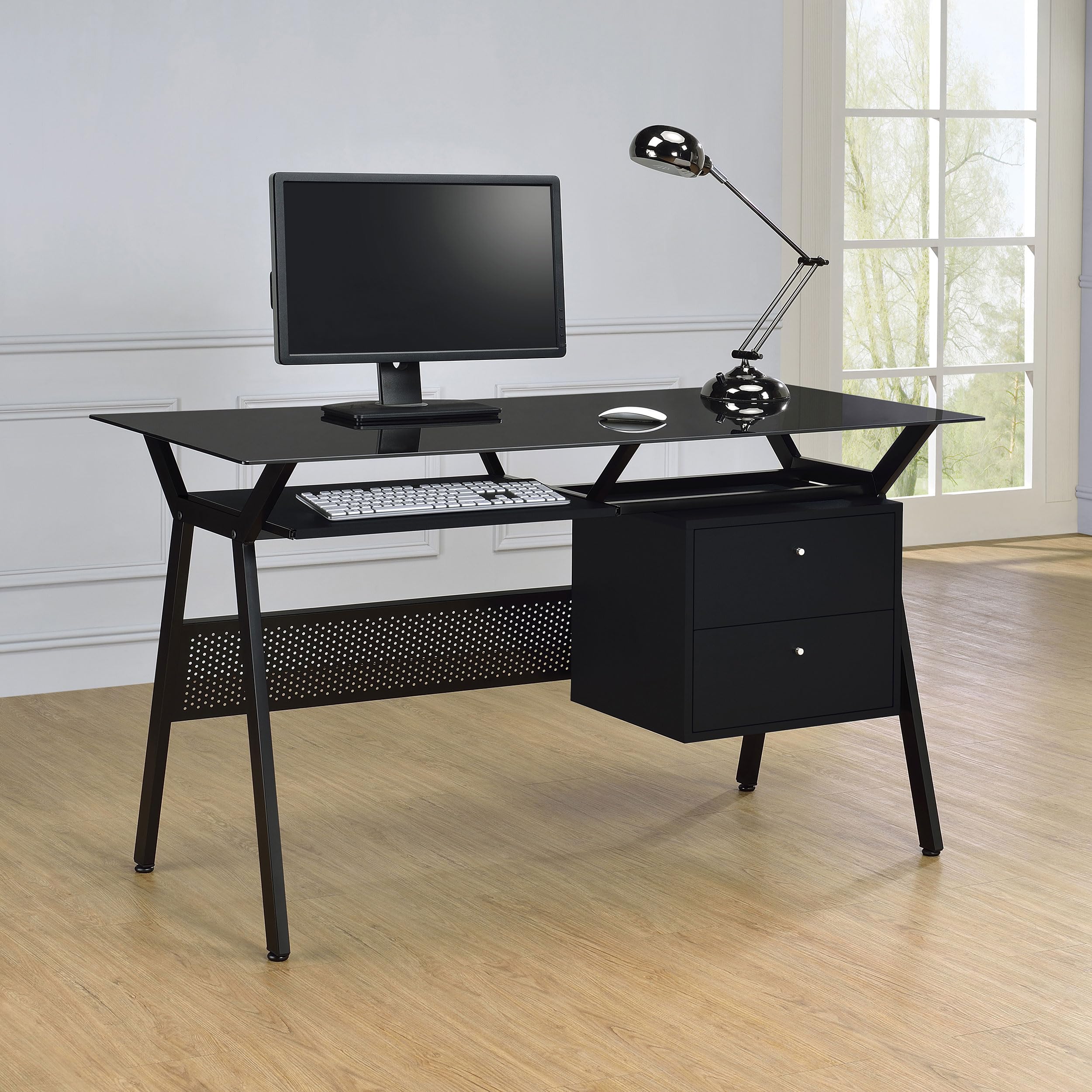 Modern 55-Inch Office Computer Desk with Black Tempered Glass Top - 2-Drawer Storage Workstation (55