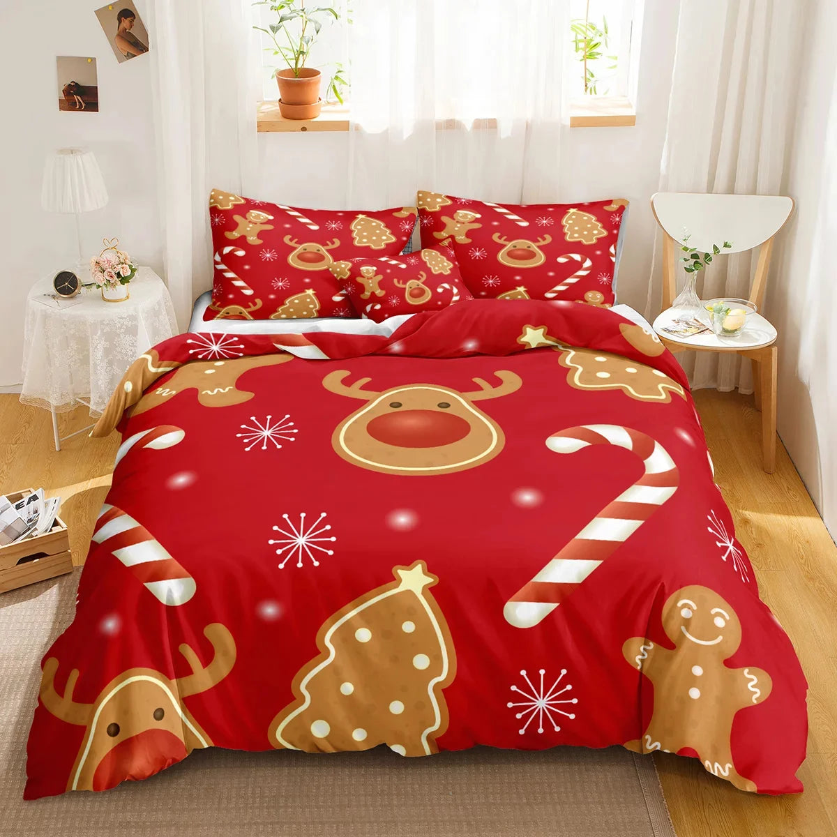 Red Christmas Snowflake Duvet Cover Set - Holiday Bedding Collection for Queen/King Size - Festive Winter Bedroom Decor for Xmas Season