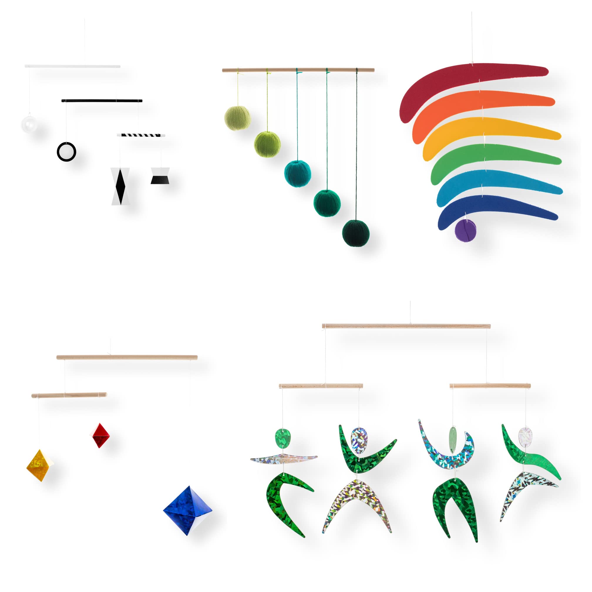 Set of 5 Montessori Baby Mobiles - Black & White Mobile, Green Gobbi, Dancers, Octahedron & Rainbow | Newborn Sensory Toys | Crib Hanging Toys for Infant Visual Development | Perfect for Nursery Decor & Early Learning